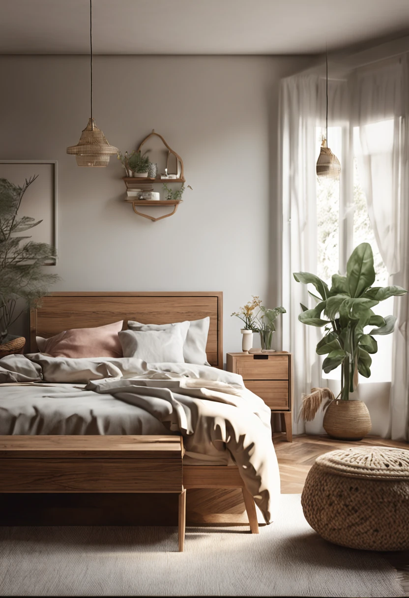 Simple bedroom,Different shooting angles for the same living room,Cosy cottage,Simple with a touch of wood,k hd,Off-white main color,A little greenery