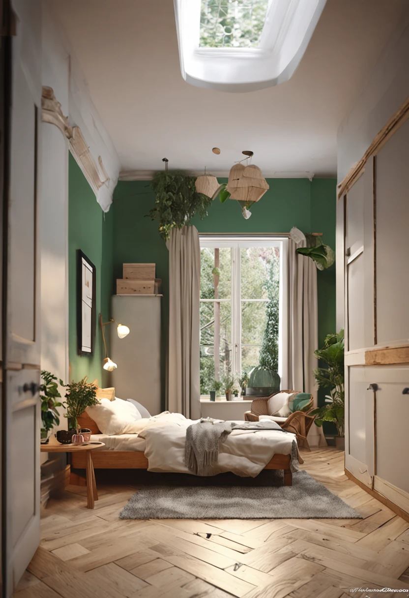 Simple bedroom,Different shooting angles for the same living room,Cosy cottage,Simple with a touch of wood,k hd,Off-white main color,A little greenery