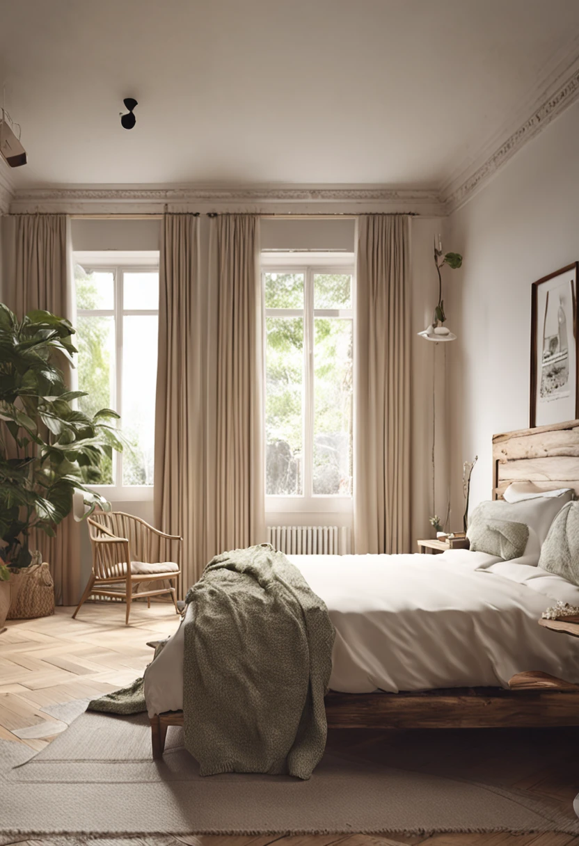 Simple bedroom，Different shooting angles for the same living room，Cosy cottage，Simple with a touch of wood，k hd，Off-white main color，A little greenery
