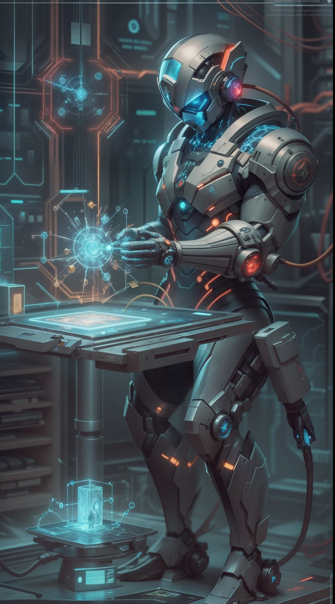 Mindforge Alchemy
Superhero working in a cyber lab, combining alchemical elements with advanced technology. It makes sure that your mind is connected to a complex network of cybernetic interfaces.