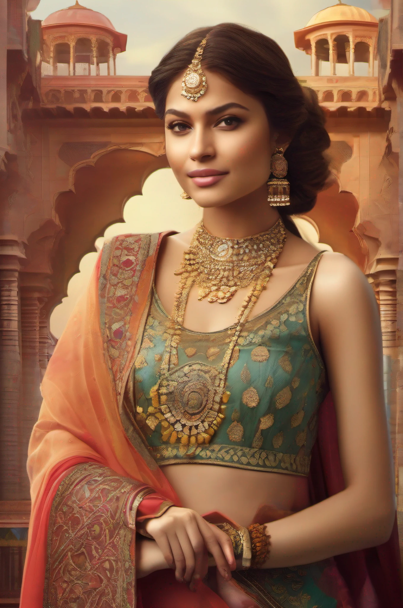 Generate an image depicting the majestic kingdom of Mughal (10 C, 86 P, 1 F), with towering palaces, bustling markets, and lush landscapes. Show Zendaya, distinguished by her valor and kindness, being chosen as the future queen, while Erena's jealousy begins to brew in the background