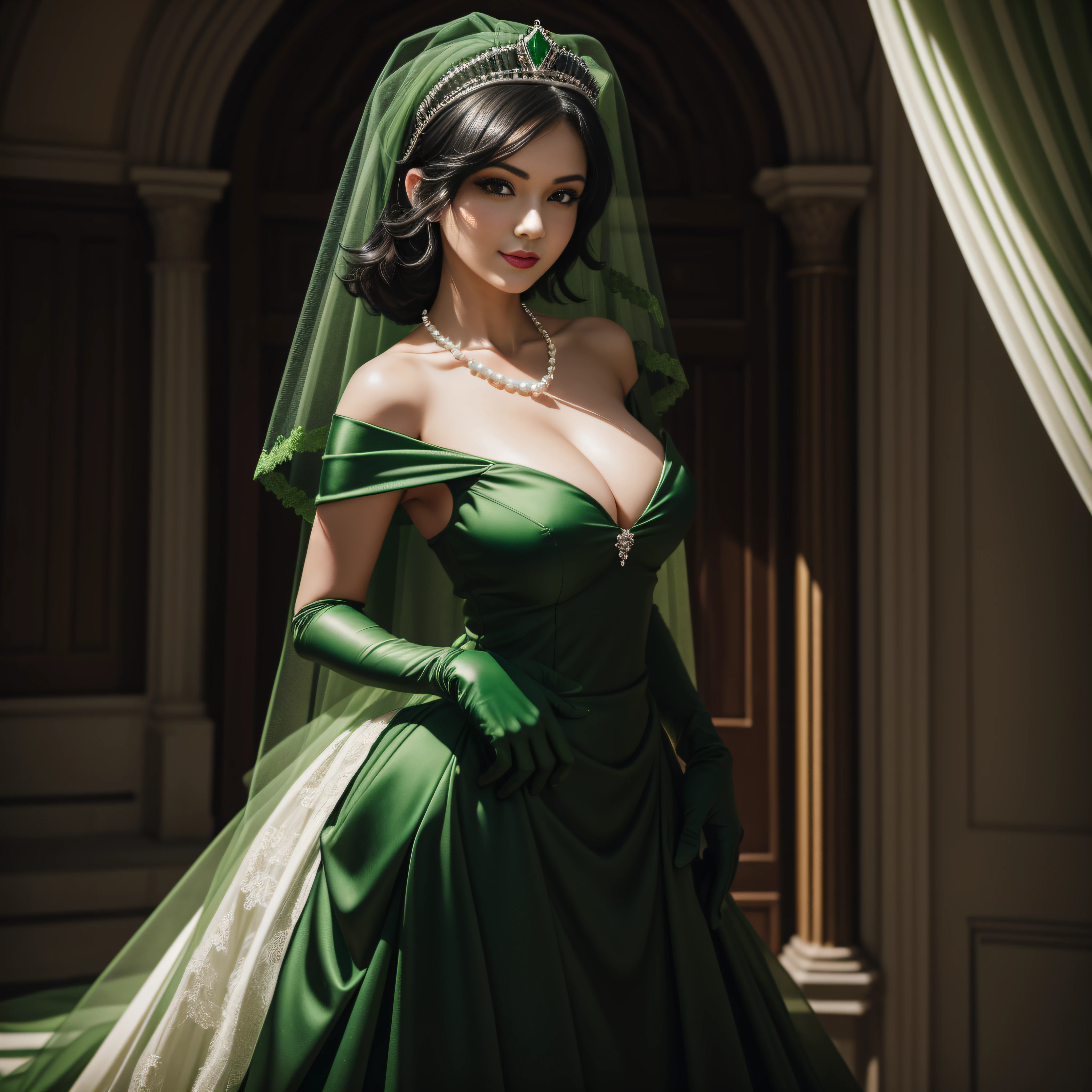 1girll,30-years old,Green dress,Daytime Church,full body Esbian, Green gloves,With short black hair,big breasts beautiful,looking at viewert,ssmile,Green Bridal Veil,Green Long Grove,Satin green long gloves, lipsticks, Pearl Necklace、Green gloves, emerald tiara