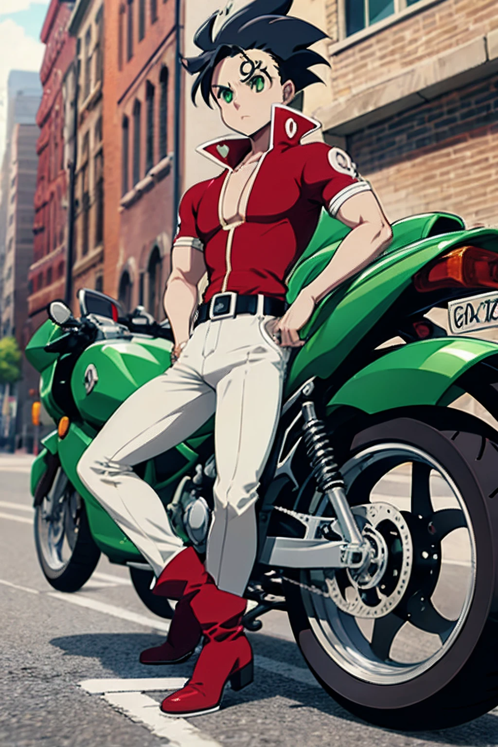 Zeldris from Seven Deadly Sins wearing modern clothes leaning against a motorbike, 1 boy, Black hair, green eyes, neutral expression, solo, street background