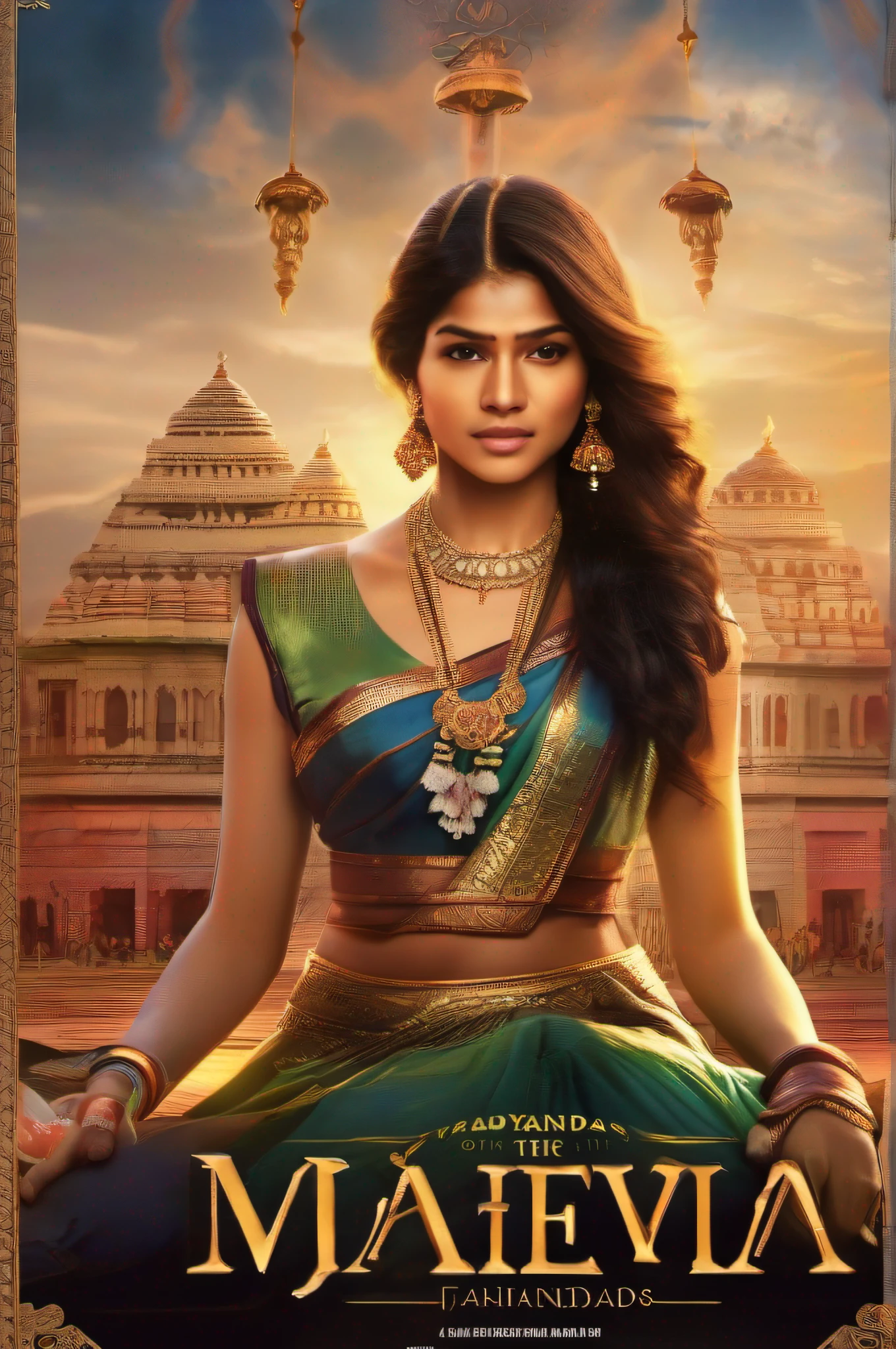 Generate an image depicting the majestic kingdom of Mahajanapadas, with towering palaces, bustling markets, and lush landscapes. Show Zendaya, distinguished by her valor and kindness, being chosen as the future queen, while Erena's jealousy begins to brew in the background