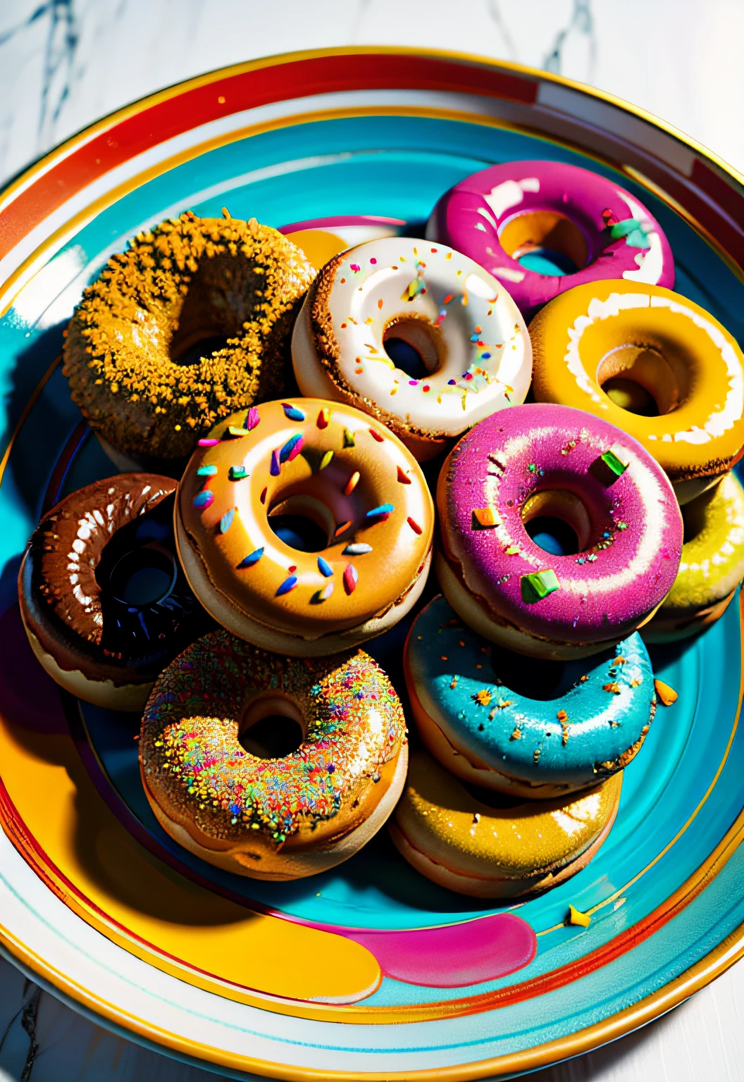 ​masterpiece、top-quality、top-quality、(Close up photo of colorful donuts on artistic plate)、ighly detailed、colourfull、highestdetailed