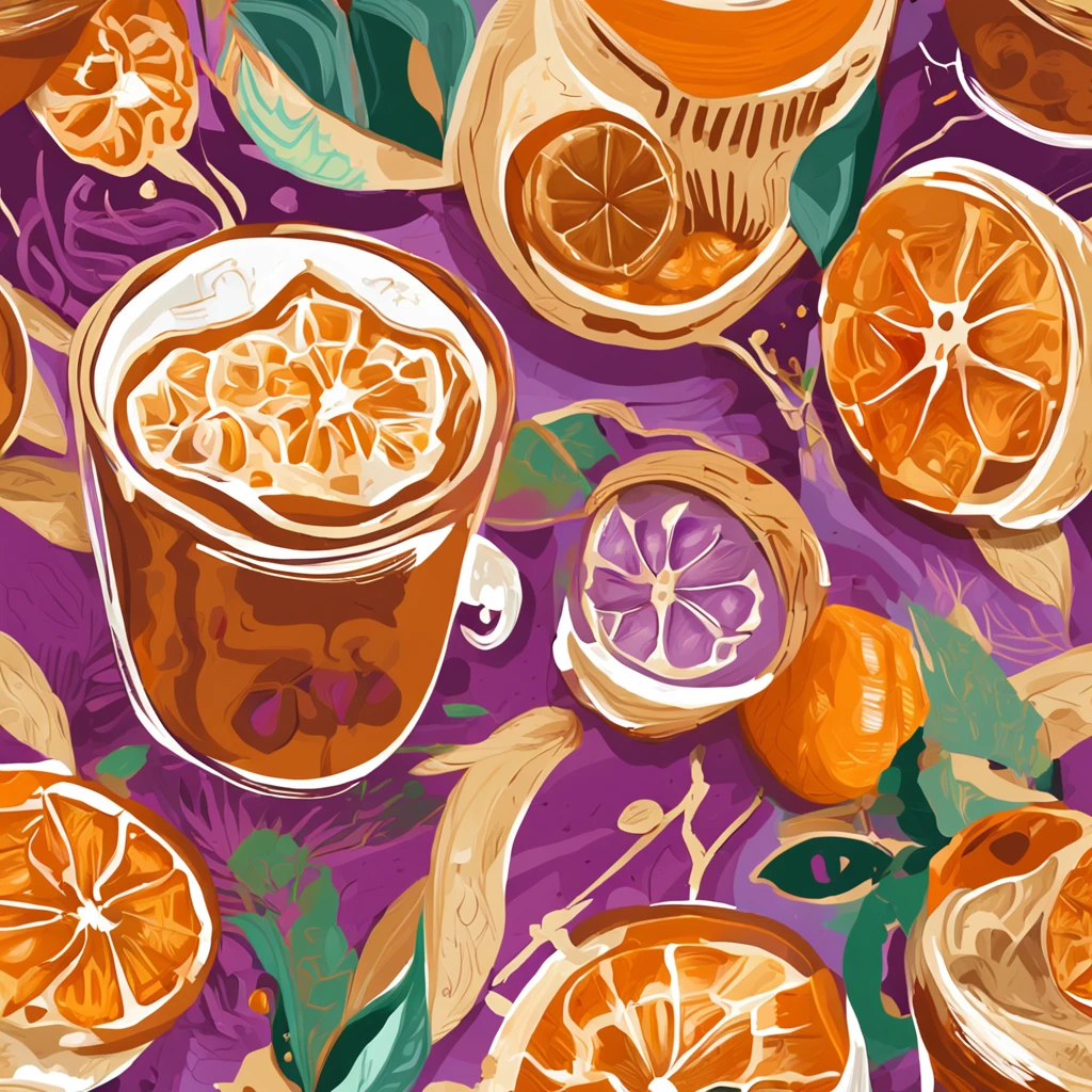 Champion coffee，Illustration design，Hexagonal elements，Yunnan elements，Coffee elements，violaceaess /The orange/Purple Portuguese /Citrus/ black tea，Oil painting style Yunnan forest painting intricate details, vector line art