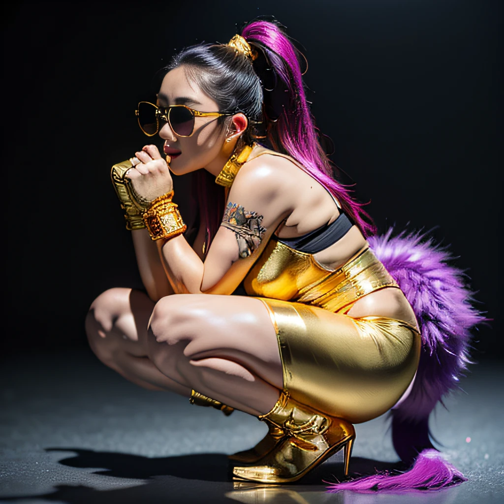 outerspace,32K(tmasterpiece,k hd,hyper HD,32K)Purple-pink double ponytail,Staghorn gold cape fat heroine nine-tailed fox,Fat heroine purple water protection milk giant breasted black goldfish wire mesh leg guard space squat,Wear reflective sunglasses with thick gold wire,Wear boxing gloves,frontage,extremely happy(((Platinum marble sunglasses)))Deep gold sunglasses,side portrait