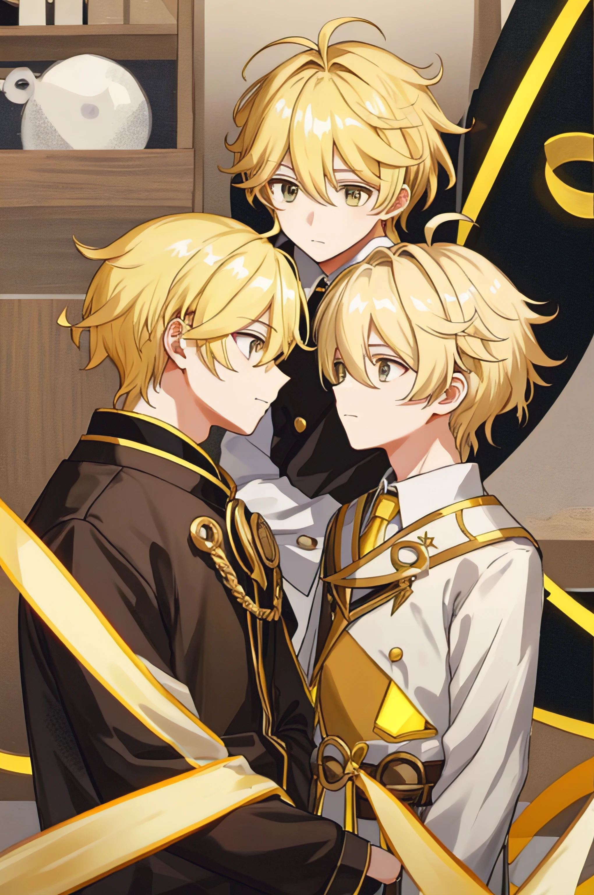 1boy, Blonde hair, ahoge, hair between eye, Yellow hair, Braid,Headsets，pondering，Look at each other，full bodyesbian