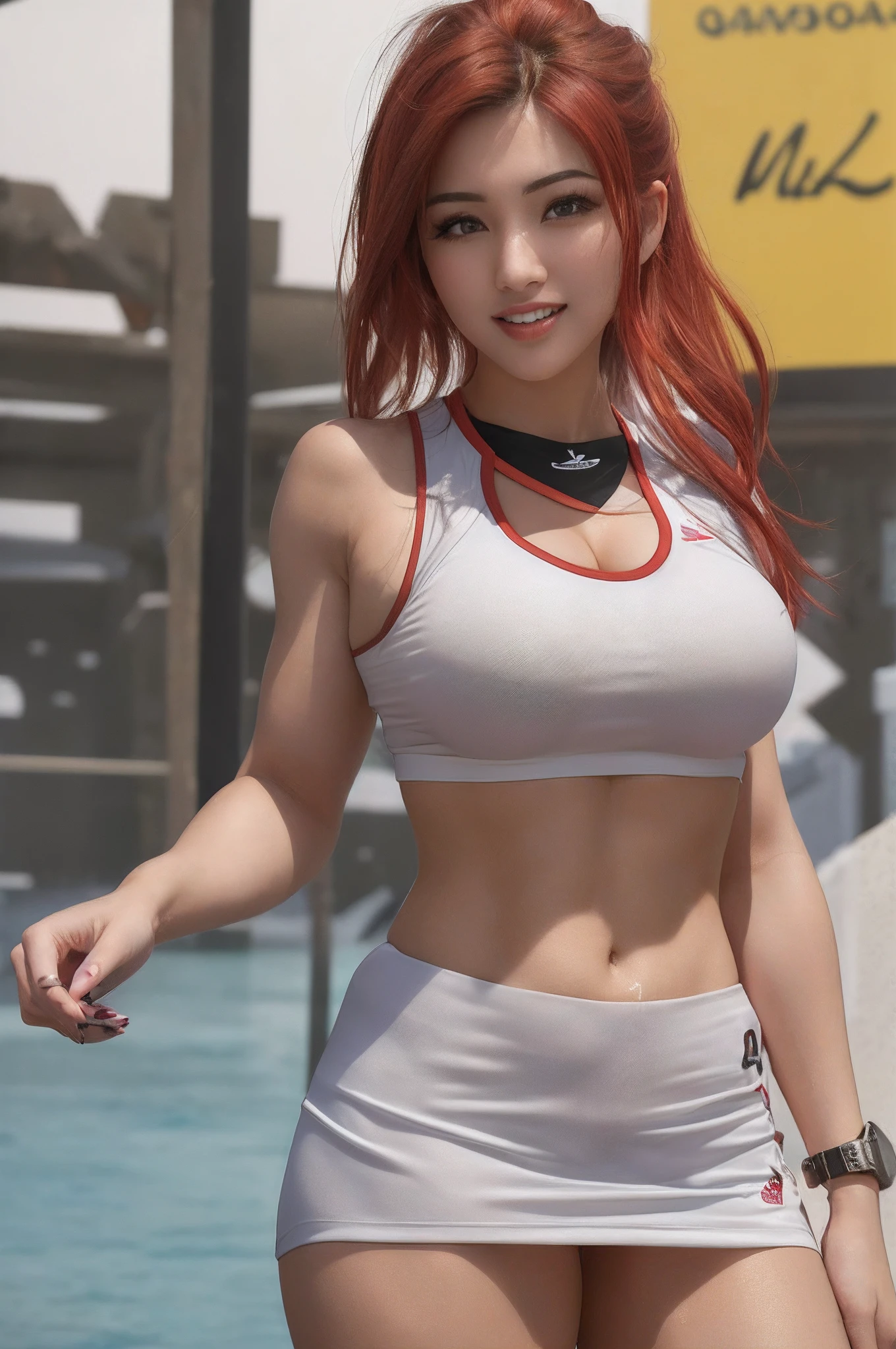 Perfect body, Beautiful body and face, attractive face and body, Fitness Model, Thin and muscular woman、 exercise、 feminine and muscular, fit girl,Fitness Model, Perfect body, Attractive body,lean but muscular, bodybuilding woman, Asian Women, Body wet with sweat、(8K、RAW Photos、top-quality、masterpiece:1.2)、(realisitic、Photorealsitic:1.37)、25-years old、1人、dark brown hair、详细的脸、Detailed lips、detailedeyes、二重まぶた、Alafed Women,of the highest quality, masutepiece, extremely detailed cute girl, cleavage , (get sweaty) , blush, Smile, Parted lips, Hair tied on one side、Side Up、croptop, Mini skirt, Alafed woman posing with red hair and white shirt、Playing volleyball
