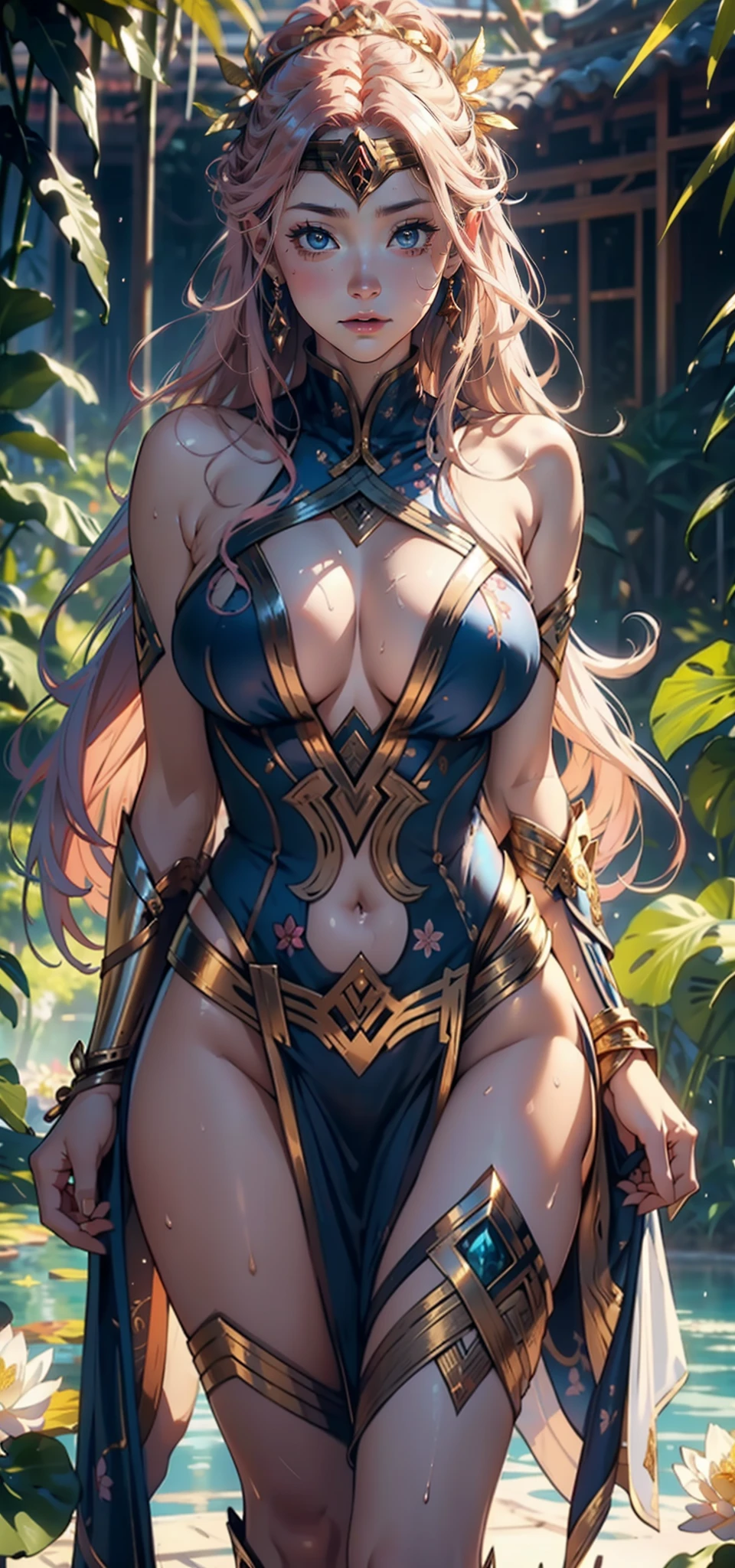 1female,熟妇,huge-breasted ,Pornographic exposure, 独奏,(Background with:bamboo forrest,lotuses,lotus flower,exteriors,) She has long pink hair,bobo head,Sweat profusely,drenched all over the body,seen from the front, hair straight, mostly cloudy sky,(((tmasterpiece),(Very detailed CG unity 8K wallpaper),best qualtiy,cinmatic lighting,detailed back ground,beatiful detailed eyes,Bright pupils,Black eyes,(Very fine and beautiful),(Beautiful and detailed eye description),ultra - detailed,tmasterpiece,)),facing at camera,A high resolution,ultra - detailed),,revealing breasts,Bare genitalia, Bulge,legs are open,Raised sexy,Camel toes,Flushed complexion,Open-mouthed,frontage,Blue floral headband(Wearing:Transparent princess dress,,Gold wire embroidery,fullnude,with no underpants,Wonder Woman uniform,Armour)