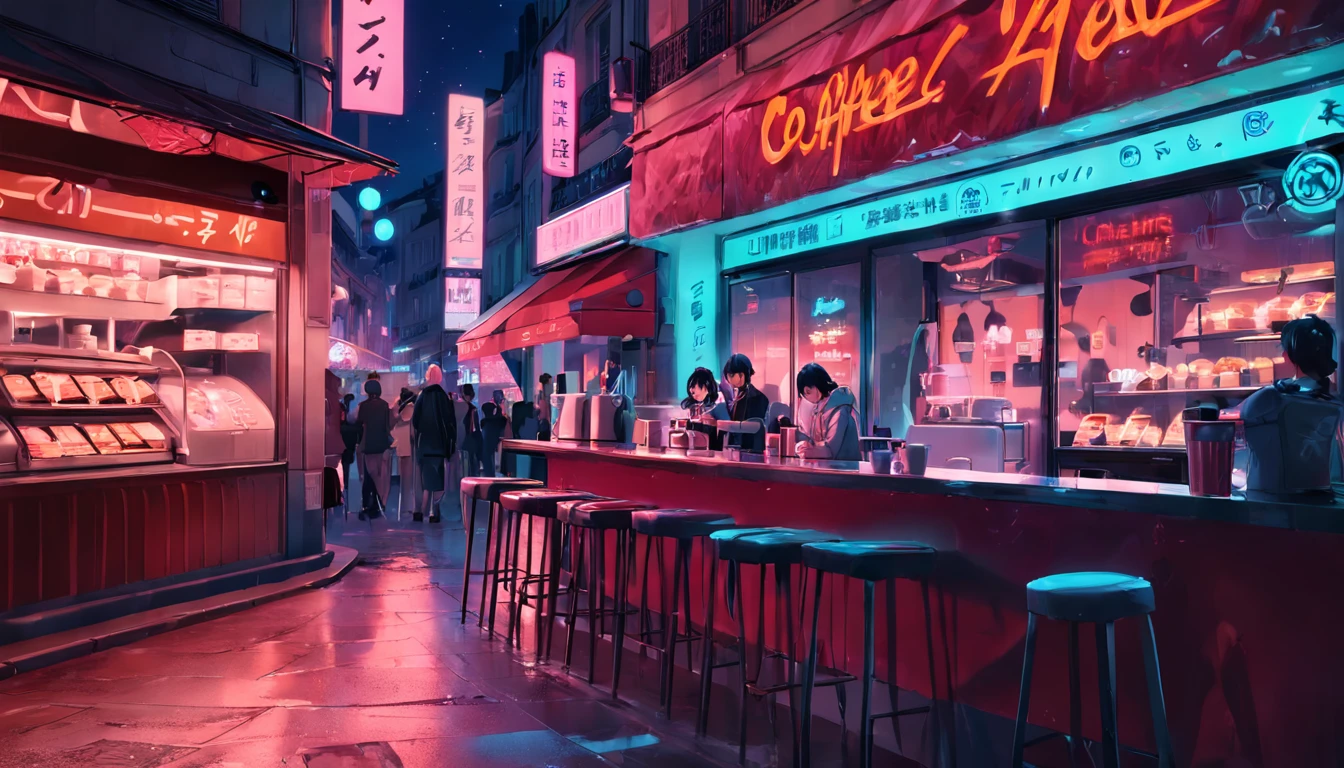 Lo-Fi Coffee, moderno, Paris, city, noite, neon, placa, loja, 2023