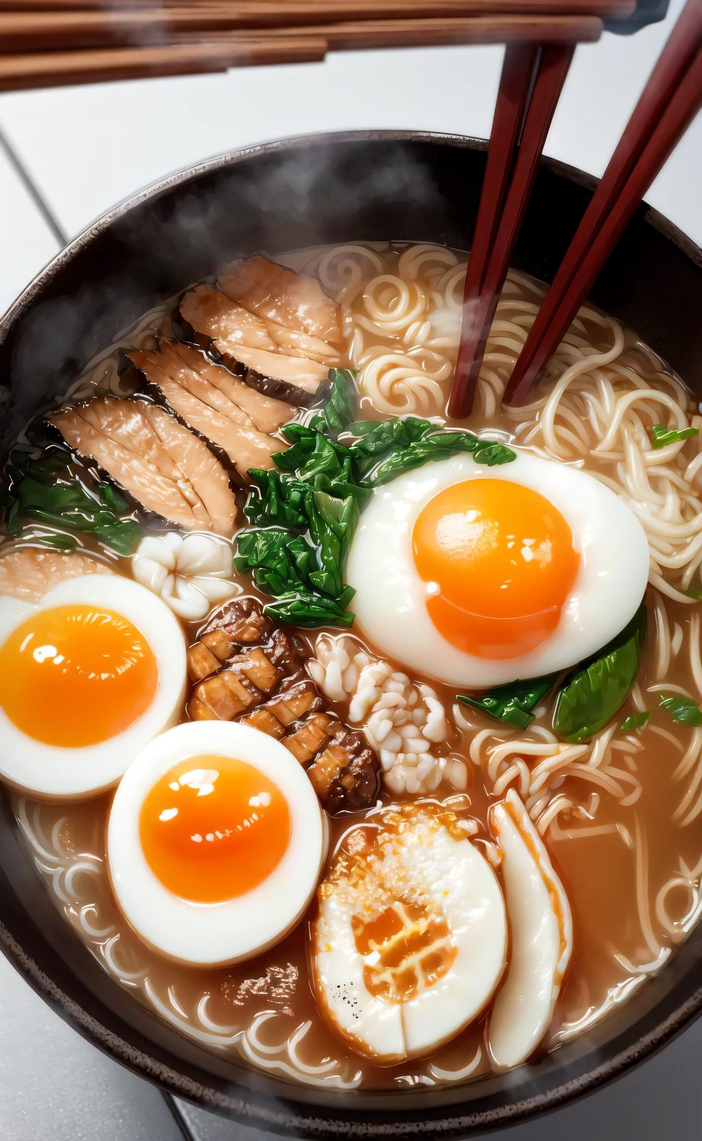 ultra detailed 8k cg, Japanese ramen, chopsticks, egg, steam