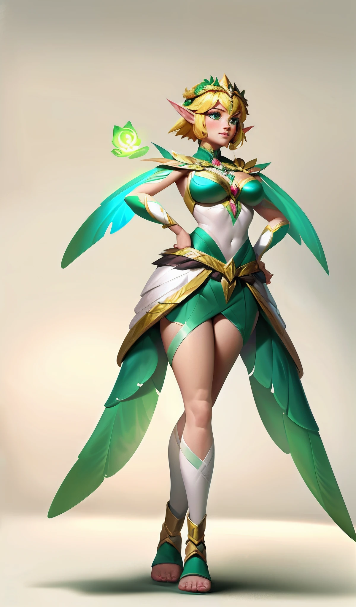 1girll、fairy queen、Green Elf costume,((独奏)),full bodyesbian,European and American cartoon design,Primitive tribal elements,standing on your feet,white backgrounid,Magical fantasy design,character concept design,tmasterpiece,best qualtiy,Best resolution,high definition detail