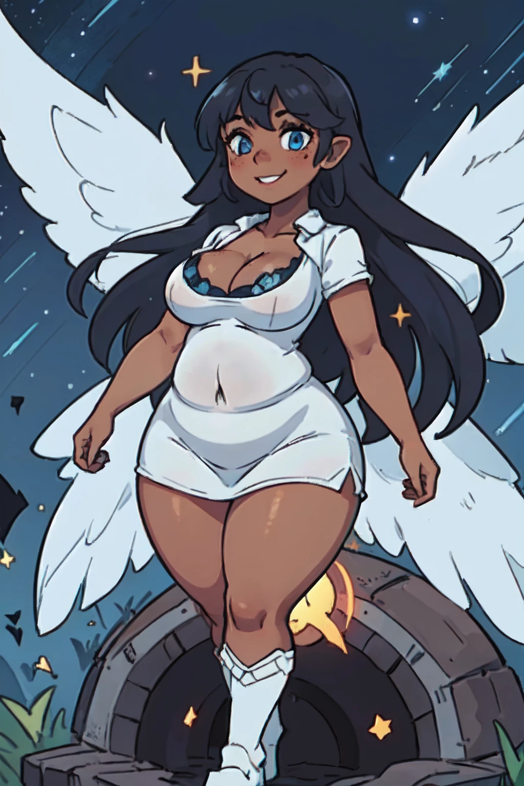 (1girl: 1.5), ((solo)), (dark skinned:1.8), goblin girl, azure_blue_hair, very long hair, wide body, (small stature:1.6), (huge breast:1.7), hair between eyes, wide hips, blue eyes, mole, mole on chest, age up, lips, big lips, big noise, thick eyebrows, (chubby:1.7), smile, freckles,(cosmic clothes: 1.8), (random poses: 1.7), (view from below: 1.8), galaxy, heavenly, goddess, (ethereal wings: 1.7), hiper nova, shotting star