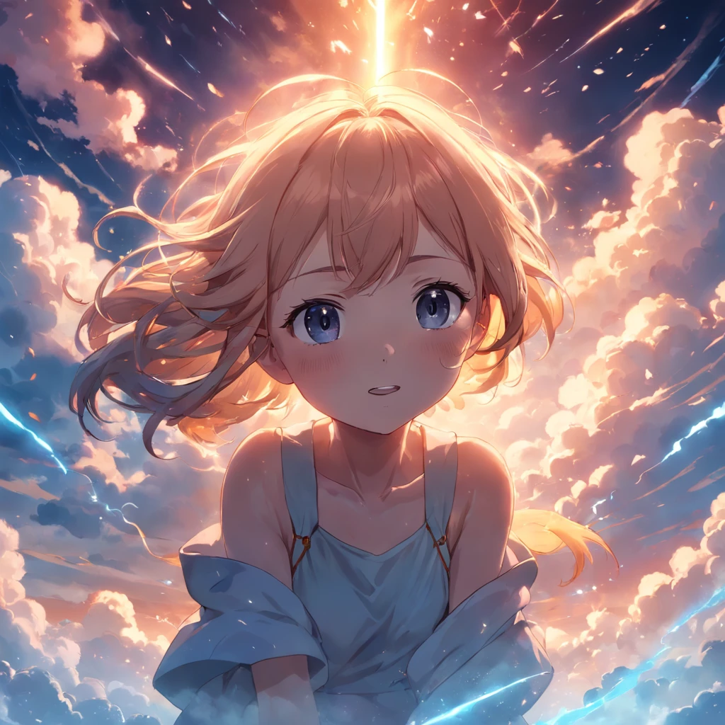 masterpiece, best quality, movie still, 1girl, cloud girl, floating in the sky, close-up, bright, happy, warm soft lighting, sunset, (sparks:0.7)