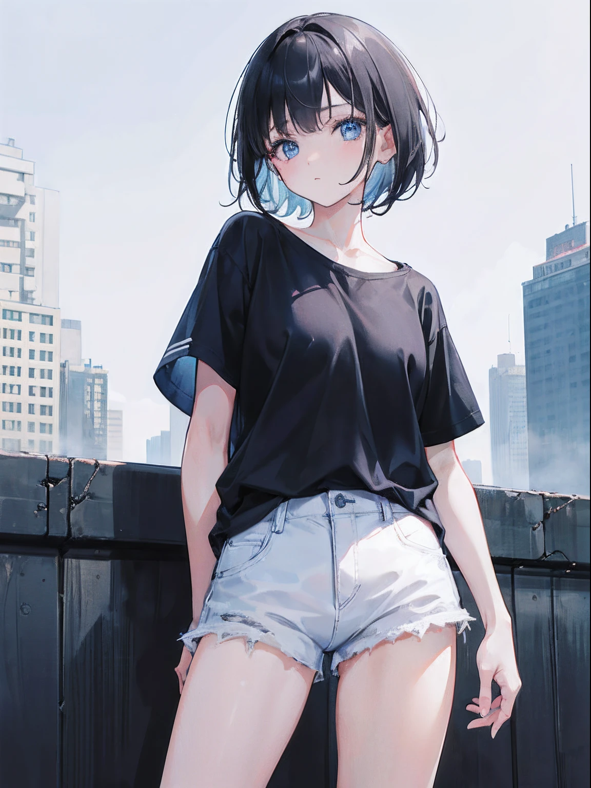 1girl, Short Black Hair, Blue Eyes, Wearing Plain White Shirt, Denim Shorts, City, Absurdres, High Res, Ultrasharp, 8K, Masterpiece. Looking At Viewer, 8k