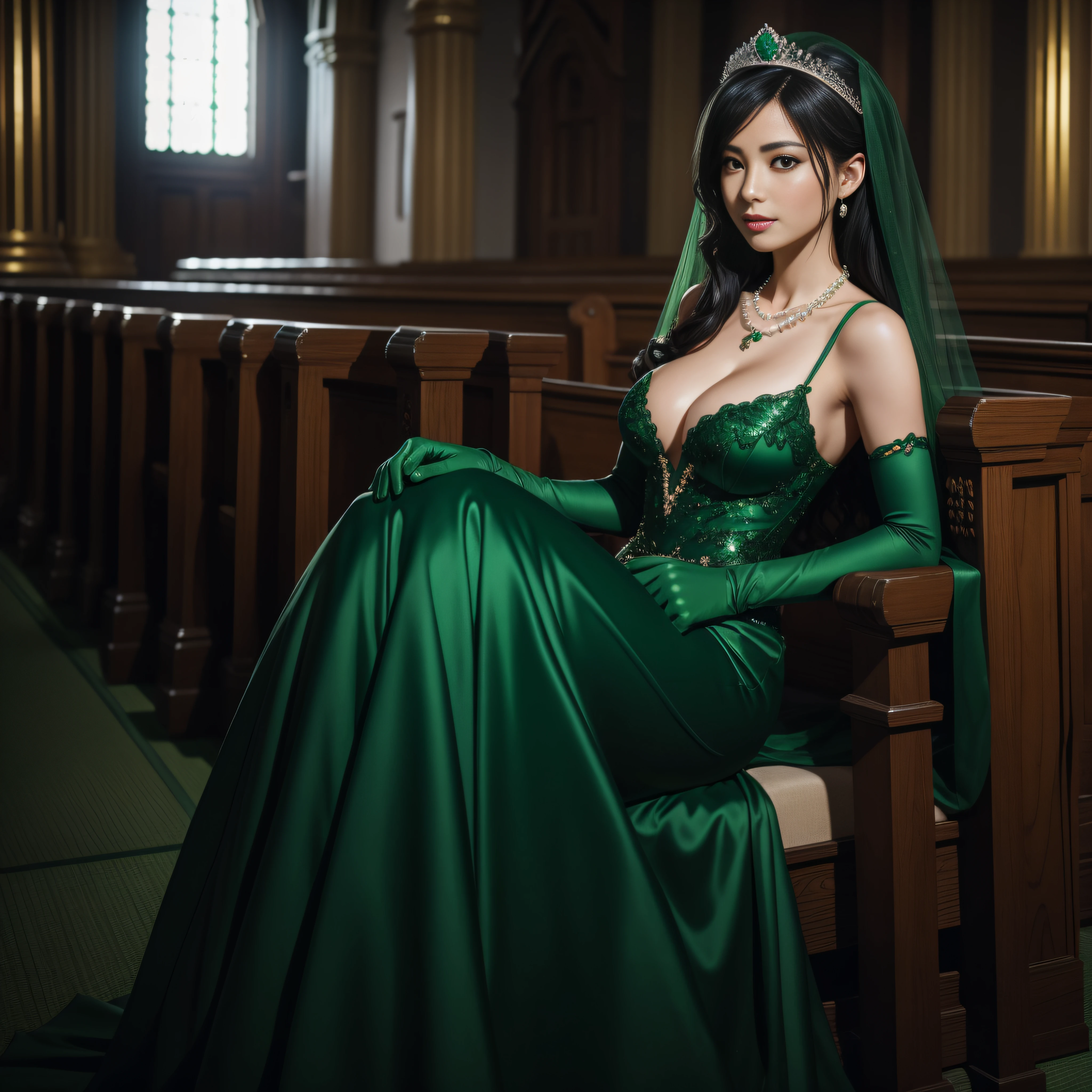 Sense of atmosphere, best qualtiy,tmasterpiece,1girll,30-years old,Green dress,Daytime Church,full body Esbian, Green gloves,With short black hair,big breasts beautiful,looking at viewert,ssmile,Green Bridal Veil,Green Long Grove,Satin green long gloves, lipsticks, Pearl Necklace、Green gloves, emerald tiara, A Japanese Lady