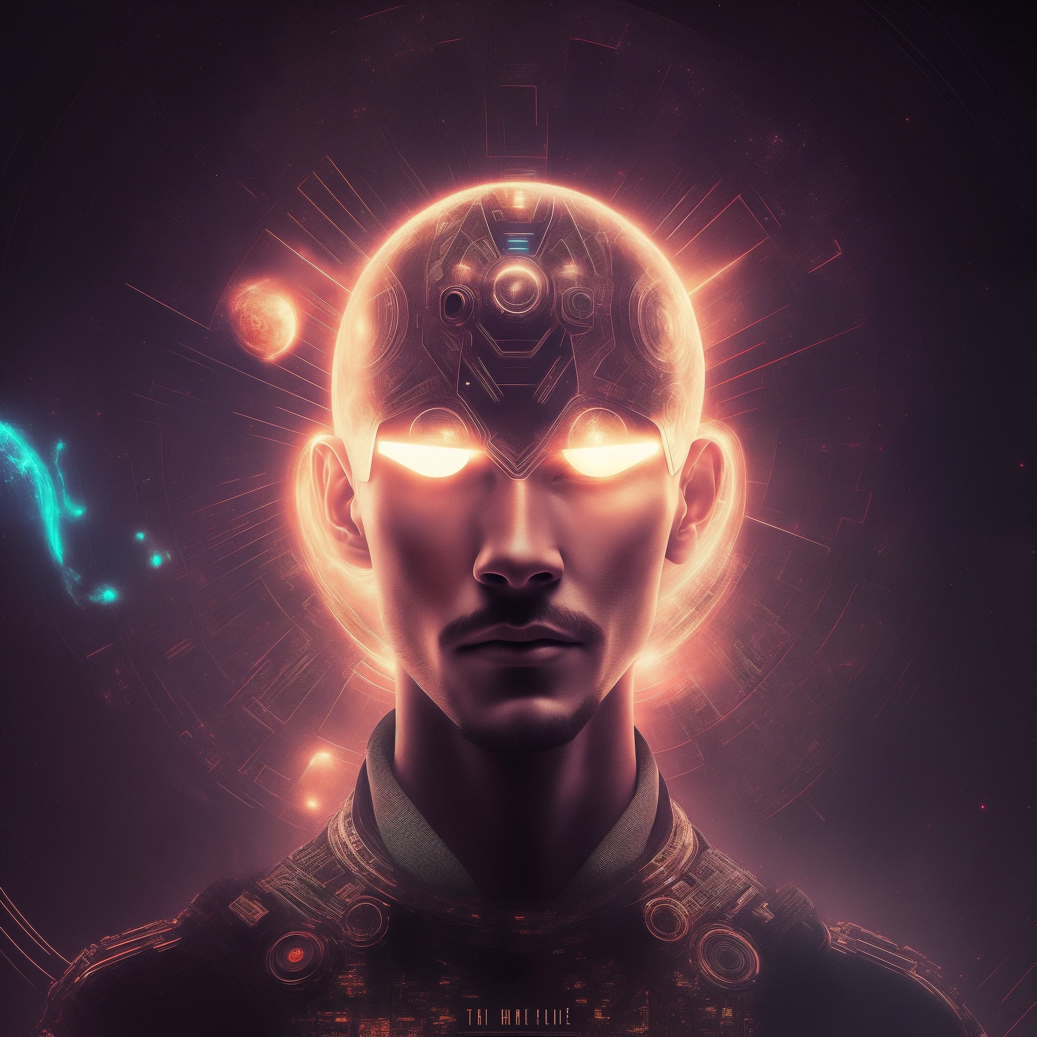 The image of a man with a halo on his head, symmetrical portrait scifi, style hybrid mix of beeple, detailed glowing head, in the style of beeple, A glowing halo overhead, darksynth character portrait, cinematic beeple, beeple |, beeple style, beeple masterpiece, beeple artwork