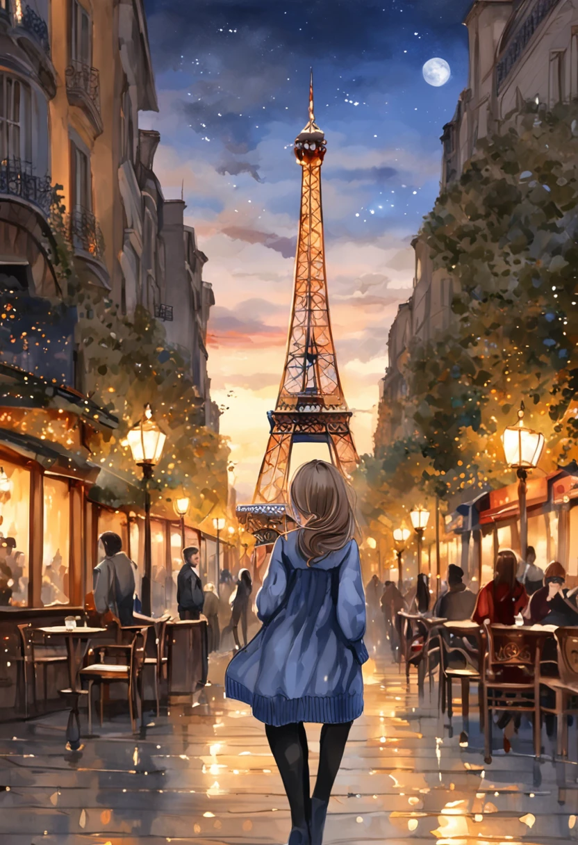 (8K、top-quality、masterpiece:1.2)、 (realisitic、Photorealsitic:1.37)、 ultra-detailliert、DJSODA、 1 girl in、full bodyesbian、Wearing a turtleneck sweater and skinny jeans、Standing in the streets of Paris with the Eiffel Tower in the background、 cute little、 Beautiful detailed sky、night, dark, moon, tiny chest、 beatiful detailed eyes、 (length hair:1.2)、 Floating Hair Novafrog Style、