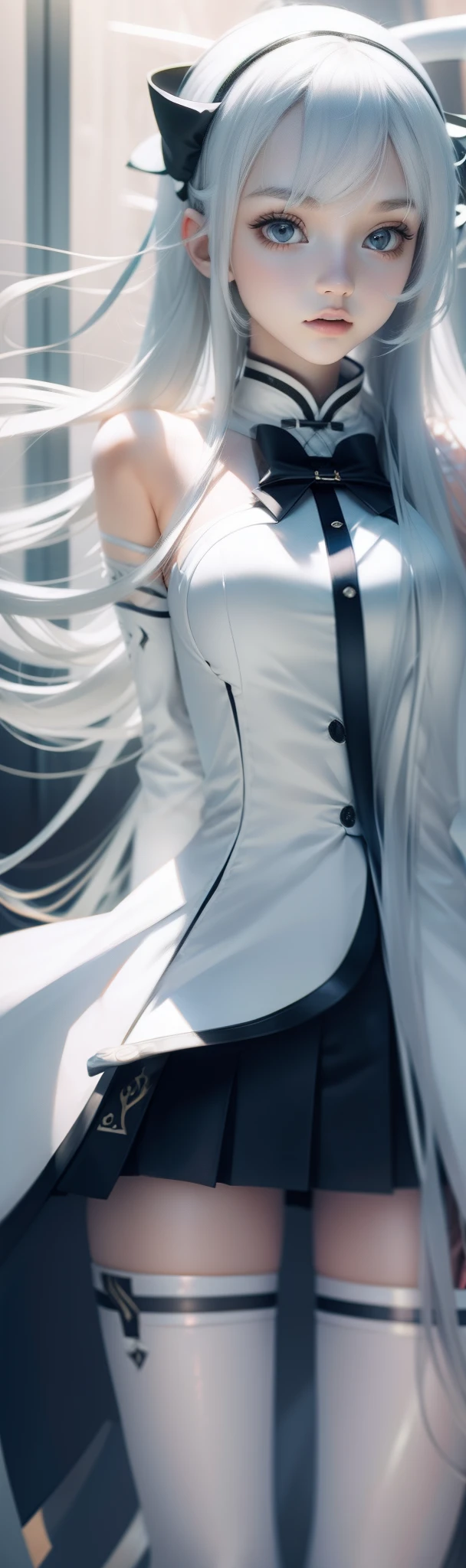 teens girl,long whitr hair,white stockings、Full limbs,Slender