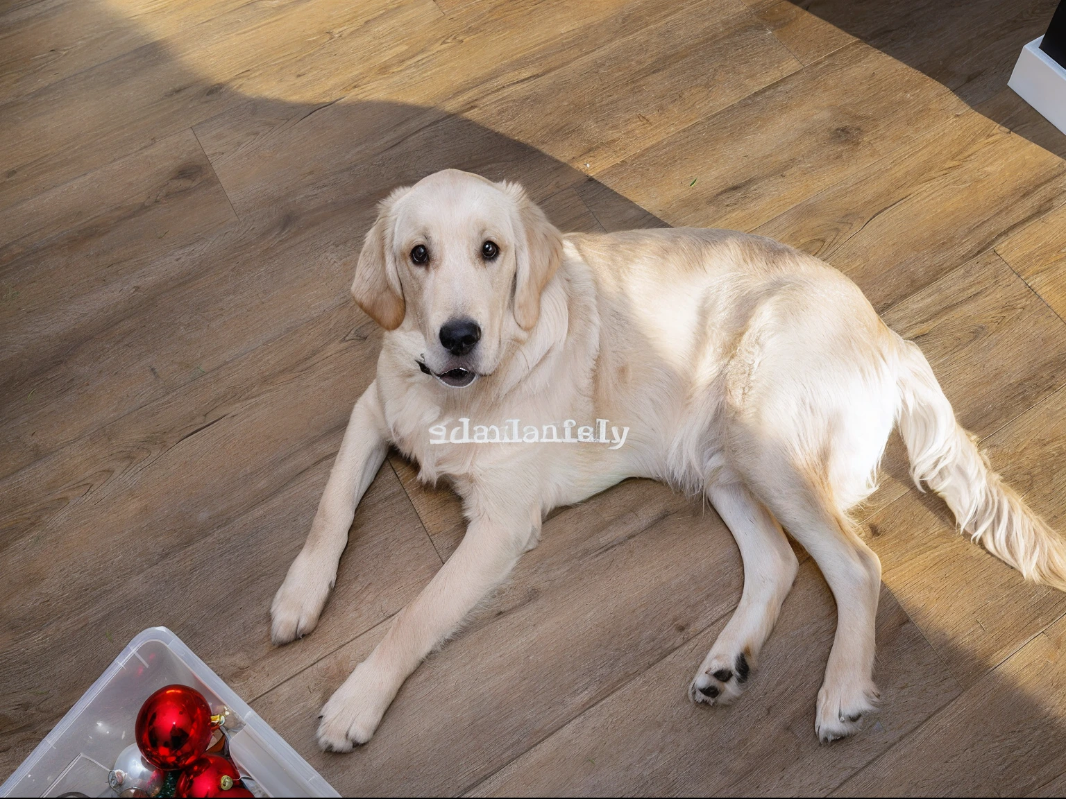 There was a dog lying on the floor,There are Christmas decorations on it, watermarked, Golden Retriever, Labrador, watermarked:-1, The blonde, he is very relaxed, Relaxed. gold background, Photo taken with Sony a7R camera, very clear weather, White Labrador retriever face, pets, doggy, taken in 2 0 2 0, pepper, sepia tone