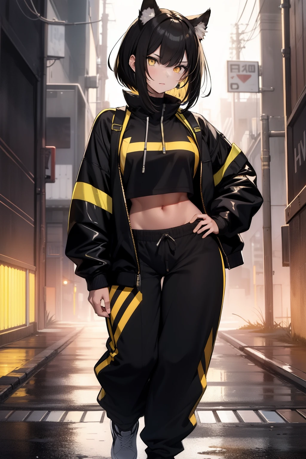 (masterpiece), best quality, perfect face, 1 girl, bob haircut, cat ears, black hair, yellow eyes, black-yellow tracksuit, looking at viewer, long black-yellow track pants, full body, adult, narrow eyes, detailed eyes, stomach showing, standing up, wide hips, confident face