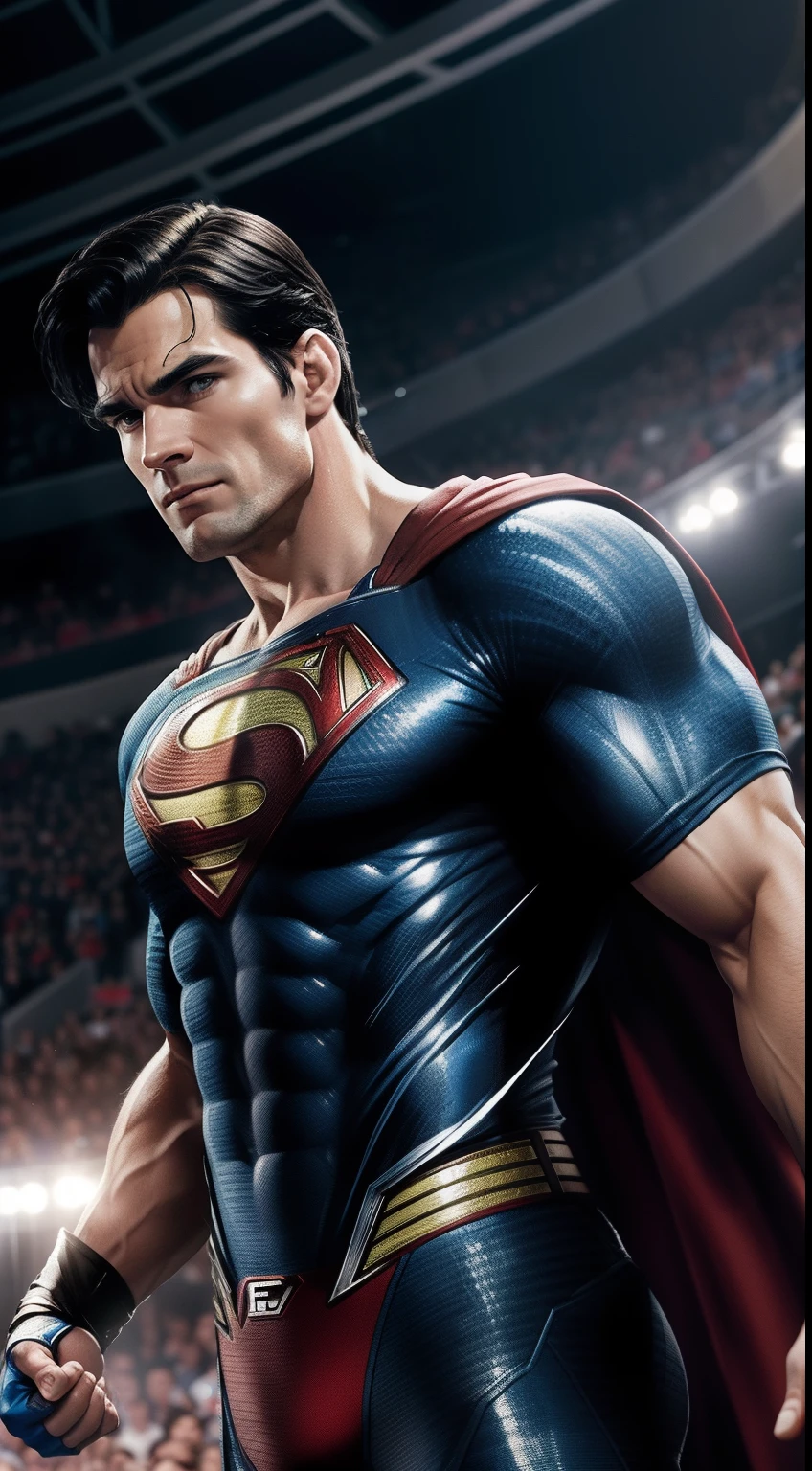 "Superman, the Man of Steel, engaged in a fierce UFC battle against a formidable opponent. The octagon is surrounded by cheering fans, with stadium lights illuminating the arena. Superman is shown mid-flight, delivering a powerful punch that creates shockwaves. The prompt requires a photorealistic style, capturing the details of Superman's iconic suit, the impact of his punch, and the expressions of the audience. The camera angle is a mid-close-up shot from the side, capturing the intensity of the moment with a 70mm lens."