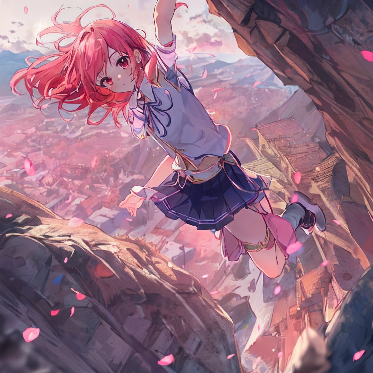 absurderes, hight resolution, (Anime style:1.1), ((masutepiece)), ((Best Quality)), (Ultra-detailed), (Beautiful), 独奏, Beautiful face、(liftup),12year old、(Girl jumping off cliff and jumping to the ground:1.4)、Pink colorful hair, Red Eyes,Looking at Viewer,Lens Flare,Dramatic, Skirt lifted by the wind、from the rear、full body Esbian、(Low position,From below:1.5)、