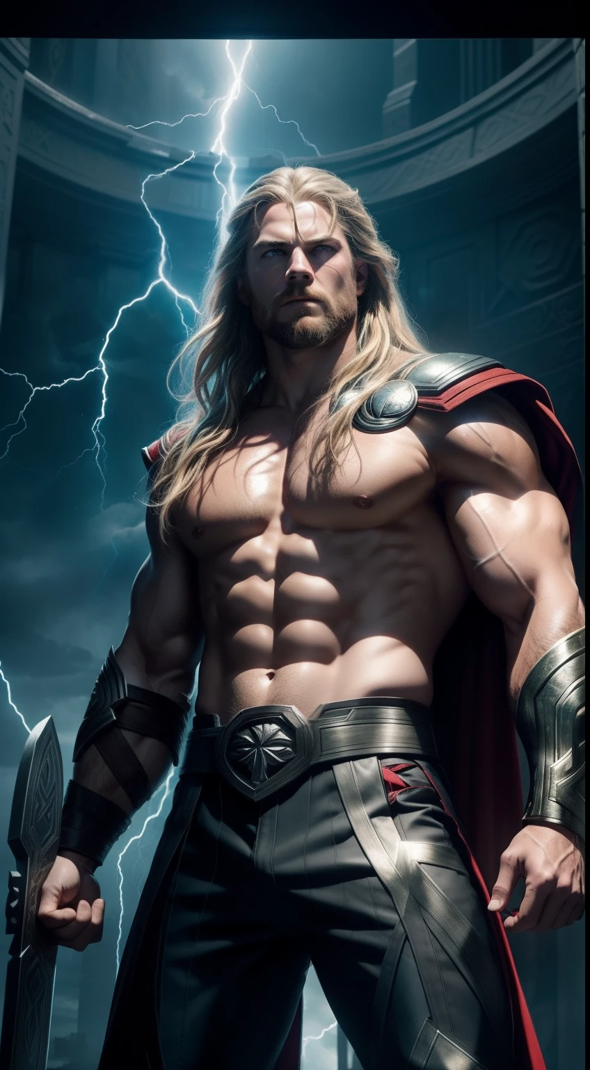 "An artistic interpretation of Thor's participation in a UFC match. Thor stands tall in the octagon, his presence commanding attention. The style combines elements of Norse mythology and abstract art, with swirling patterns representing thunder and lightning. The octagon is surrounded by a cosmic backdrop, hinting at Thor's celestial origins. Draw inspiration from the works of artist Gustave Doré and the visual aesthetics of the 'Thor' film series. The camera shot is a medium close-up from Thor's side, capturing his godly aura and the intensity of the battle."