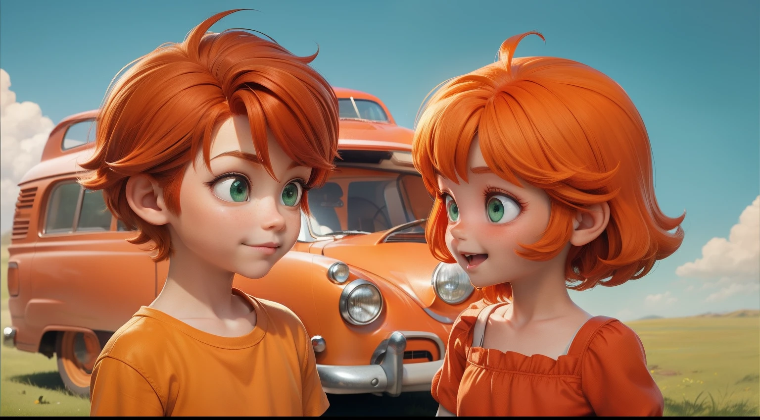 two characters, boy with orange t-shirt green eyes color and orange hair, littlewith red hair red dress and red eyes color ,there was grass on the floor , the background car is green, it's a day with a blue and sunny sky , pixar disney cartoon style