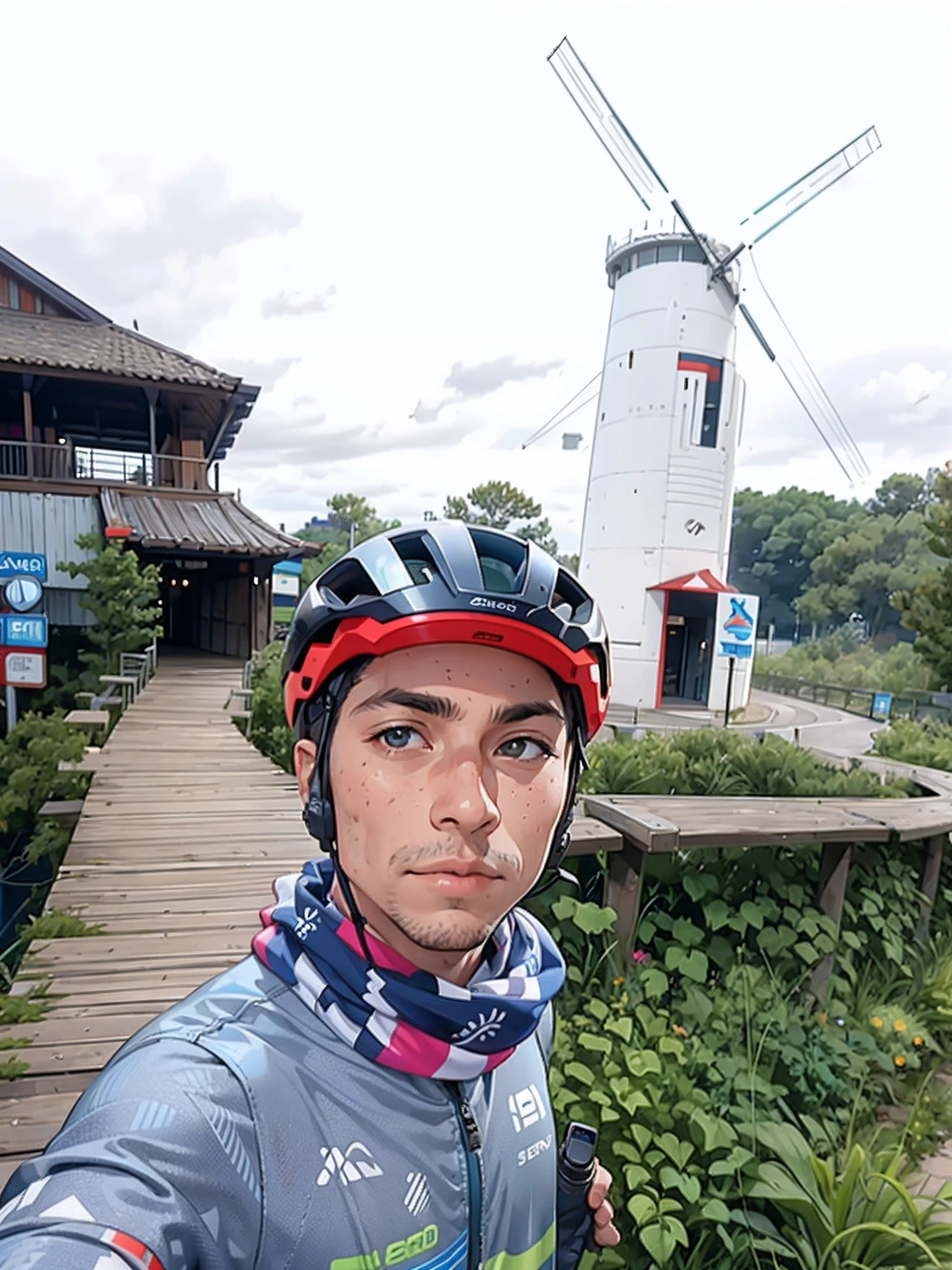 arafed man in a helmet and a scarf standing on a boardwalk, taken on go pro hero8, shot on gopro9, cycling!!, taken with sony alpha 9, shot on iphone 1 3 pro max, 8k selfie photograph, without helmet, captured on iphone, pov photo, wearing helmet, shot with iphone 1 0, taken on iphone 1 3 pro