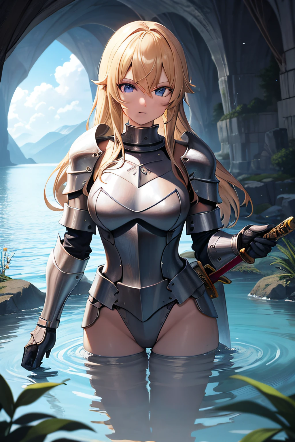 Blonde knight in a lake in a cave in another world、ecchi、Wearing armor、holds a sword