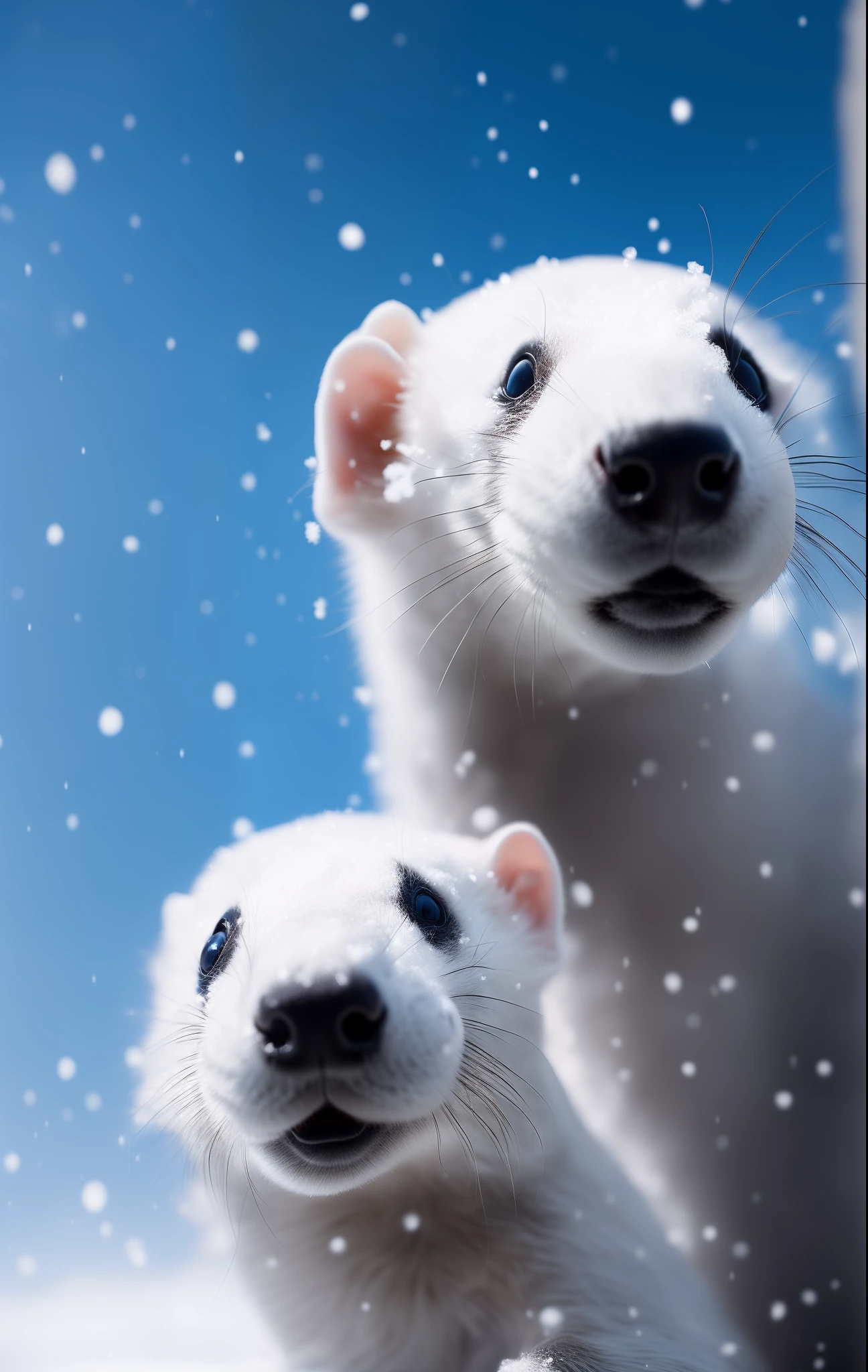 A white ferret lying on the snow,Ferrets look up at the sky,It's snowing, RAW photo, (8K、top-quality、tmasterpiece:1.2)、(intricately details:1.4)、(Photorealsitic:1.4)、Complex 3D Rendering Ultra Detail, vibrant detail, super detailing, Photorealsitic