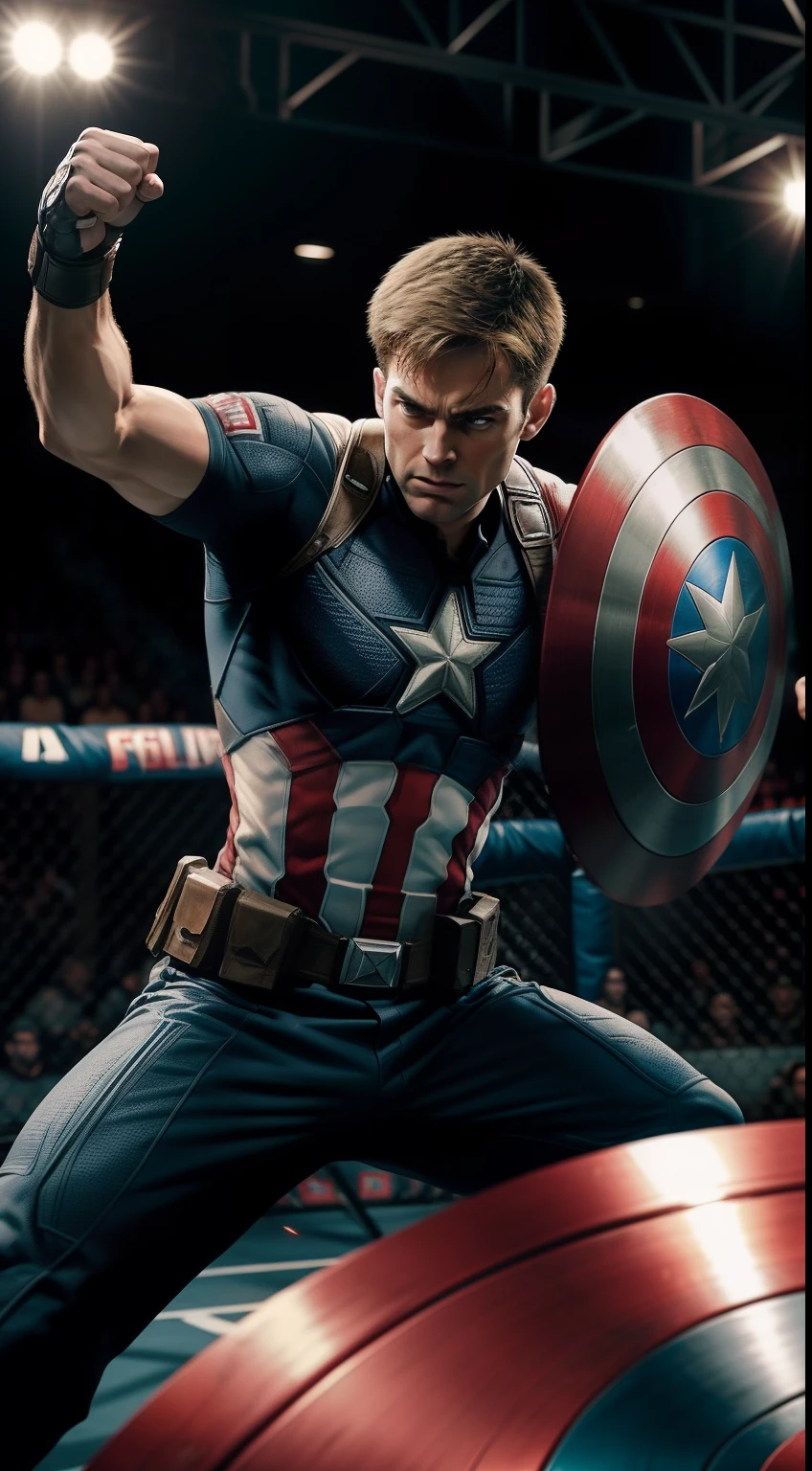 "Captain America in a UFC cage match, demonstrating his unmatched combat skills. The octagon is lit by spotlights, and the audience is on their feet. Captain America is captured mid-action, throwing his shield with precision and strength. The prompt requires a photorealistic style, showcasing the details of Captain America's costume, the texture of his shield, and the intensity of the fight. The camera angle is a close-up shot from the side, capturing the power and concentration in his stance, with a 70mm lens."