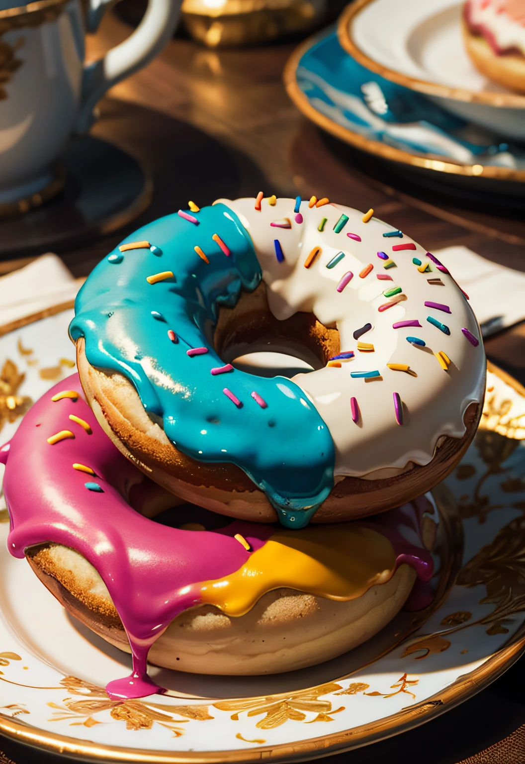 masterpiece、top-quality、top-quality、(Close up photo of colorful donuts on artistic plate)、ighly detailed、colourfull、highestdetailed