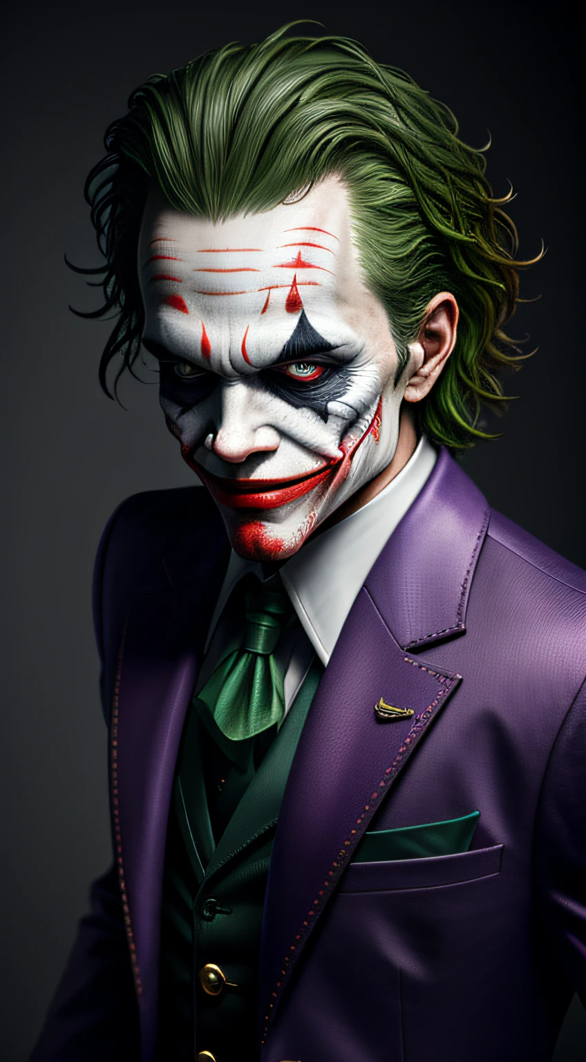 3D illustration of joker, pure devine pale skin, detailed face, blue aura