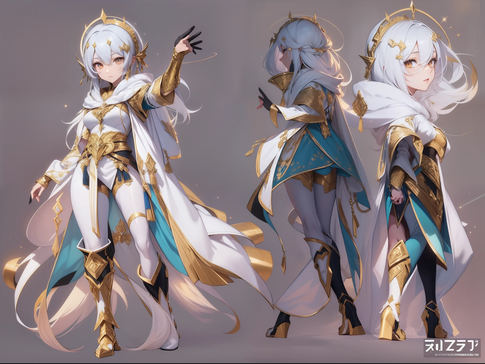 ((Masterpiece, Highest quality)), Detailed face, CharacterDesignSheet, full bodyesbian, Full of details, Multiple poses and expressions, Highly detailed, Depth, Many parts,(Kizi:1.3),extremy detailed,rich colourful,highest details,s the perfect face,The upper part of the body,hdr,(long white hair:1.5)(white cloak golden lines:1.2),galaxias,(light stre),striking visual effects,(dynamic streaks,Luminous trajectory:1.2),vivd colour