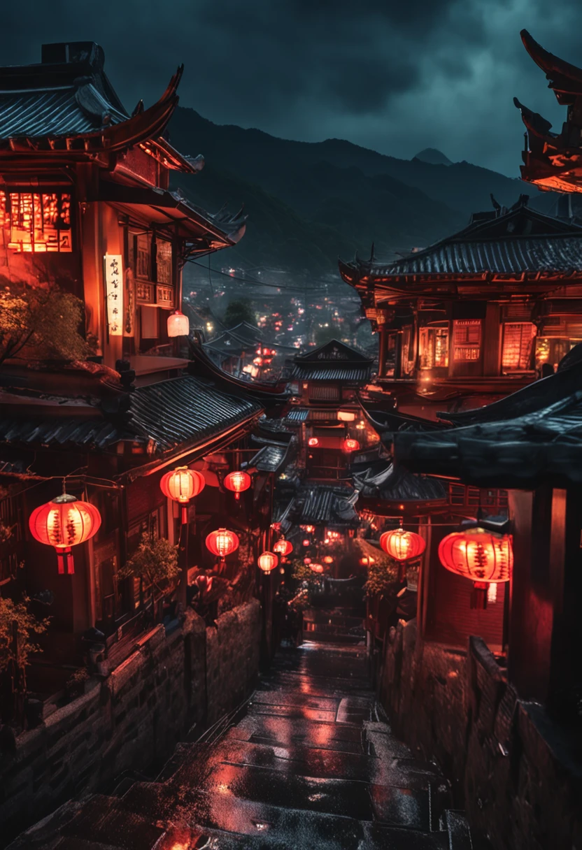 arafed view of a village with a lot of lights on the buildings, dreamy chinese town, chinese village, amazing wallpaper, japanese town, japanese village, hyper realistic photo of a town, old asian village, japanese city, by Raymond Han, rainy evening, cyberpunk chinese ancient castle, beautifully lit buildings, at evening during rain, beautiful and aesthetic, photography, cinematic, 8k, high detailed ((Heavy rain)))