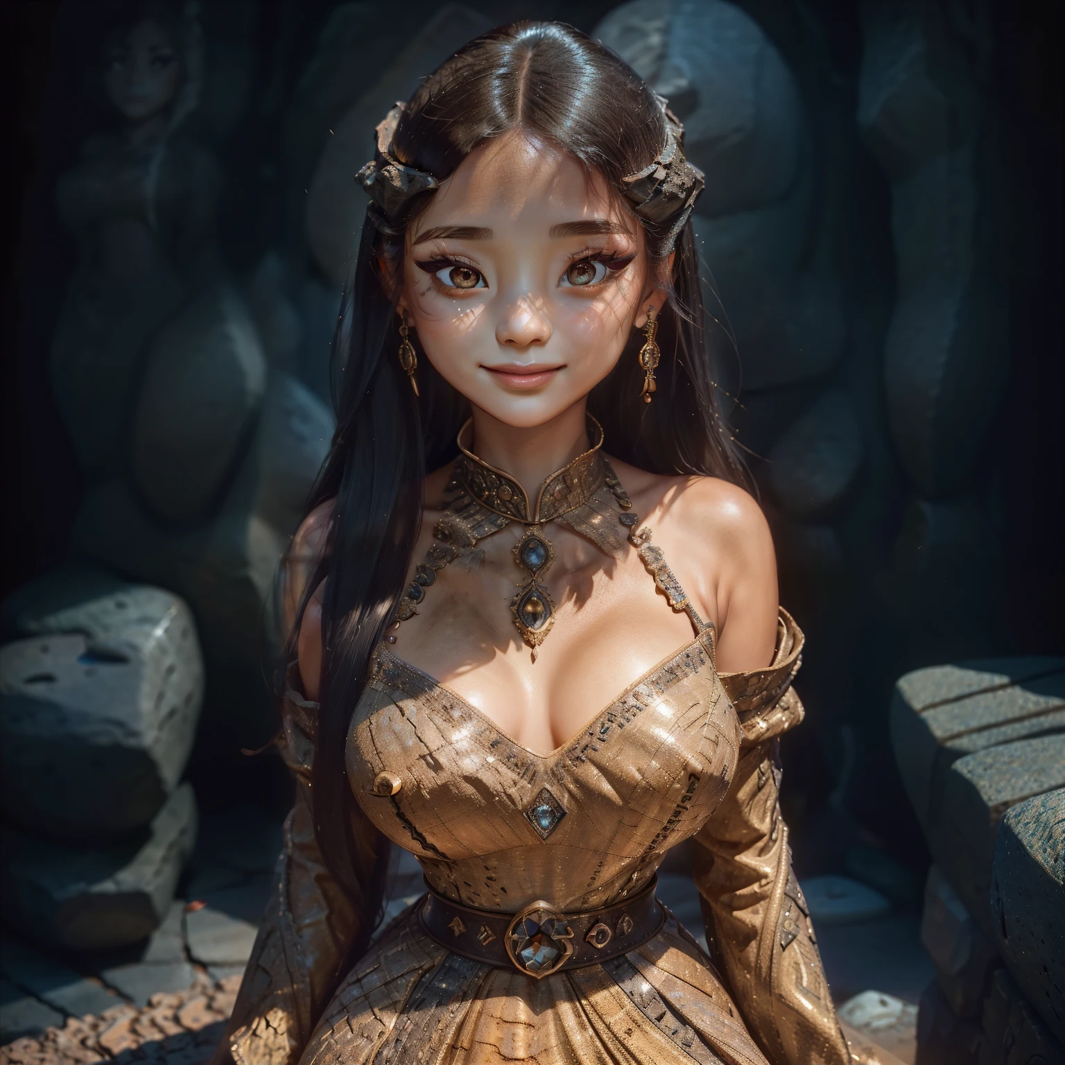(best quality, masterpiece, detailed face, beautiful detailed eyes), Ember, (girl made of stone:1.7), 1girl, (solo),standing, ((fullbody)), dark background, (editorial photograph of a 21 year old woman), (highly detailed face:1.4) (smile:0.7) nikon d850, film stock photograph ,4 kodak portra 400 ,camera f1.6 lens ,rich colors ,hyper realistic, lifelike texture, dramatic lighting , cinestill 800, Nikon 800mm lens, Tall, feminine, Instagram model, asian, long black hair, petite nose, thin eyebrows, posed, confident, smiling, eyeshadow, eyeliner, contour, foundation, huge breasts, cleavage, glossy, (highly detailed eyes:1) (selfie:0.5)