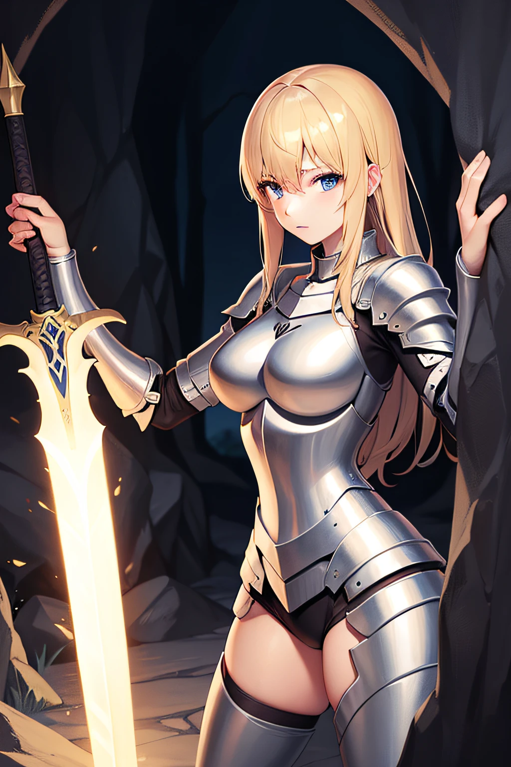 Blonde knight trying to enter a cave in another world、ecchi、Wearing armor、holds a sword