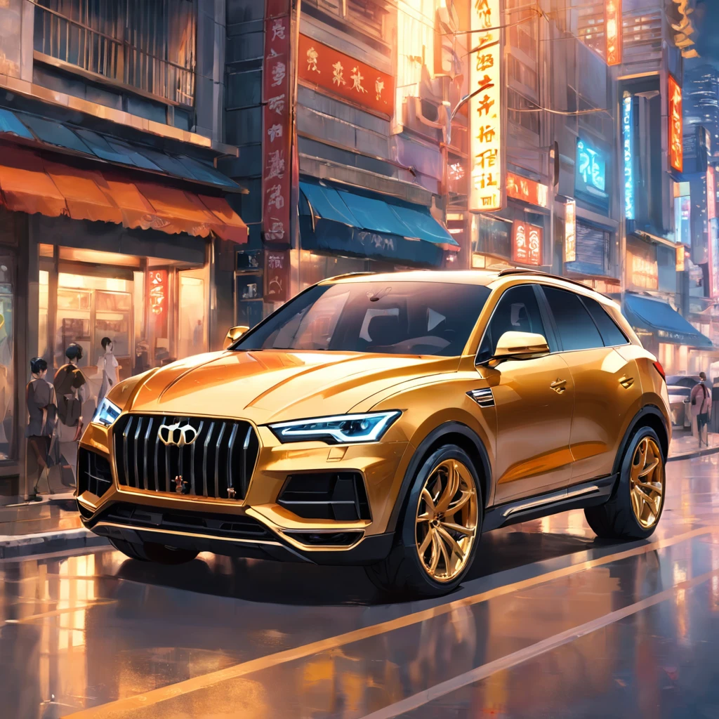 Gold SUV car - front car and parts，Vivid colors，tmasterpiece，Best quality at best，Super detailed CG，super rich detail，simple backgound