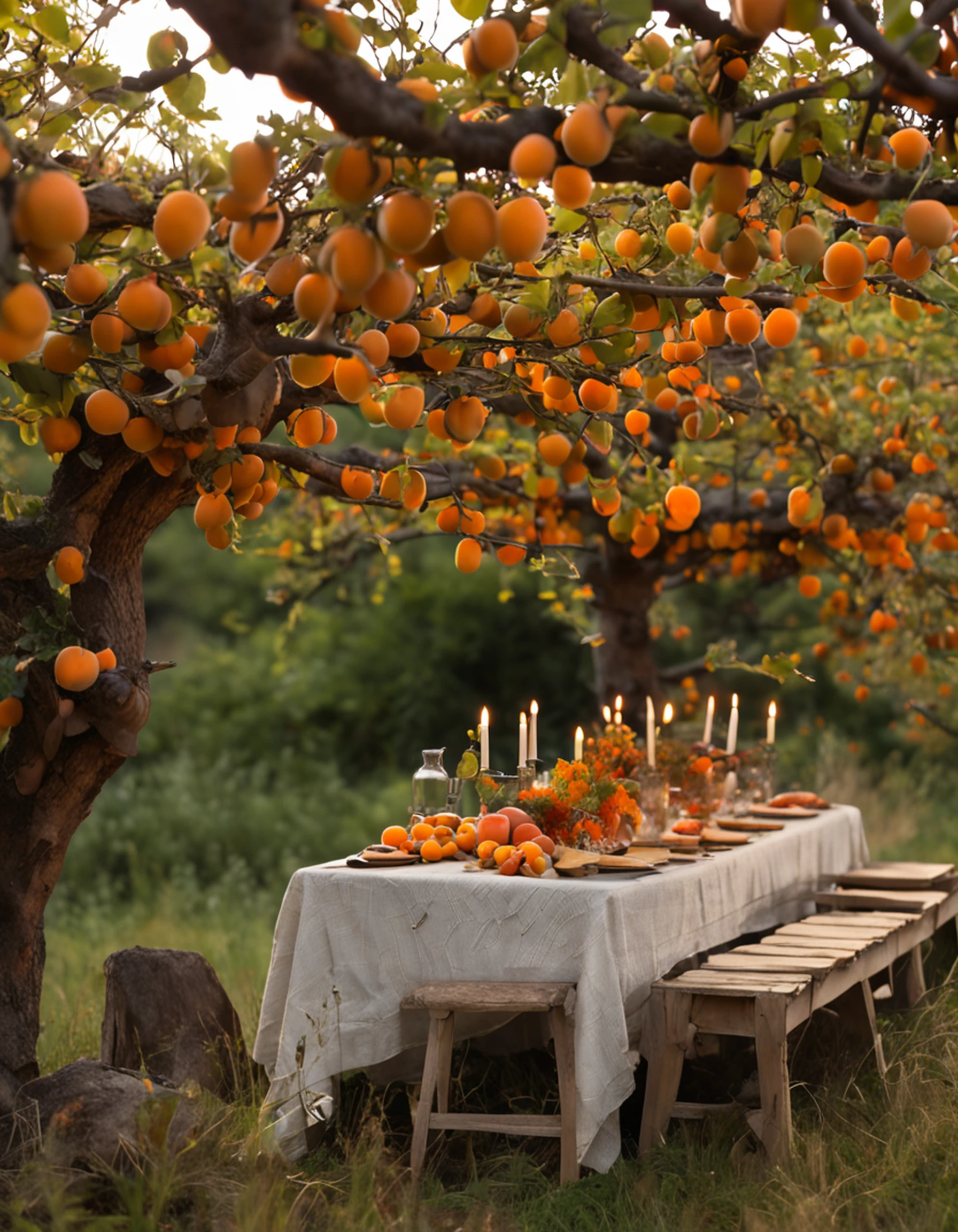 A dining table in the woods has:
1 wooden dining table
Very nice weather, On the table there is
1 glass of apricot wine
several ripe apricots
1 sprig of wildflowers
A few simple plates of food