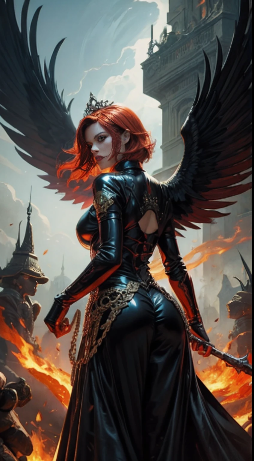 Queen of Fire,Short red hair,large body,Black latex clothing,back,metal crown,An angry look on his face,Flapped wings of fire,Fire scenery,handpainted,illustration,Art Nouveau,tarot cards