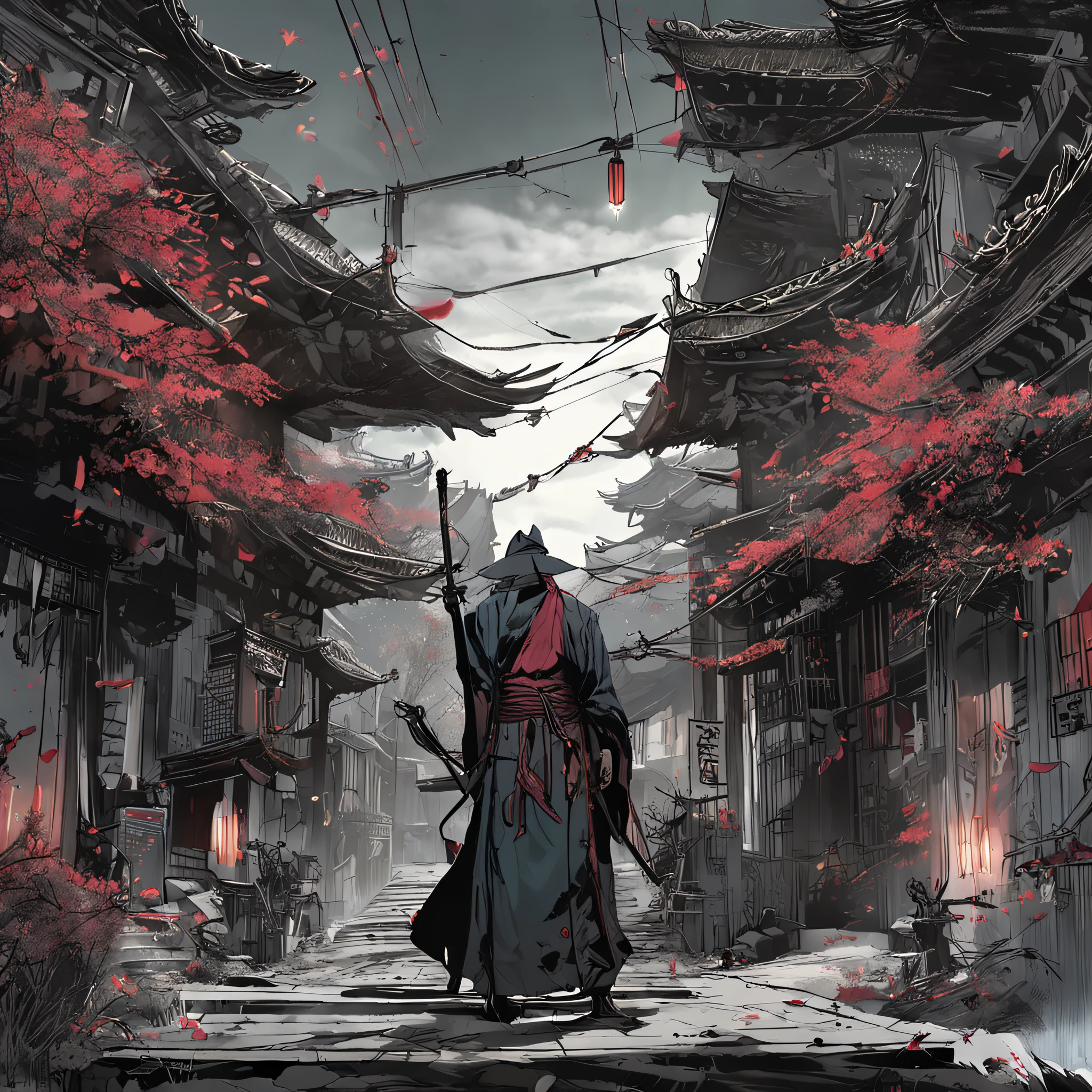 Best quality, Masterpiece, 超高分辨率, (photograph realistic:1.4), surrealism, Dream-like,fusionart, Shadowdancer, shadow magic, darkness control, stealth, shadowstep, umbral spells, hidden blade, Samurai vampire, human