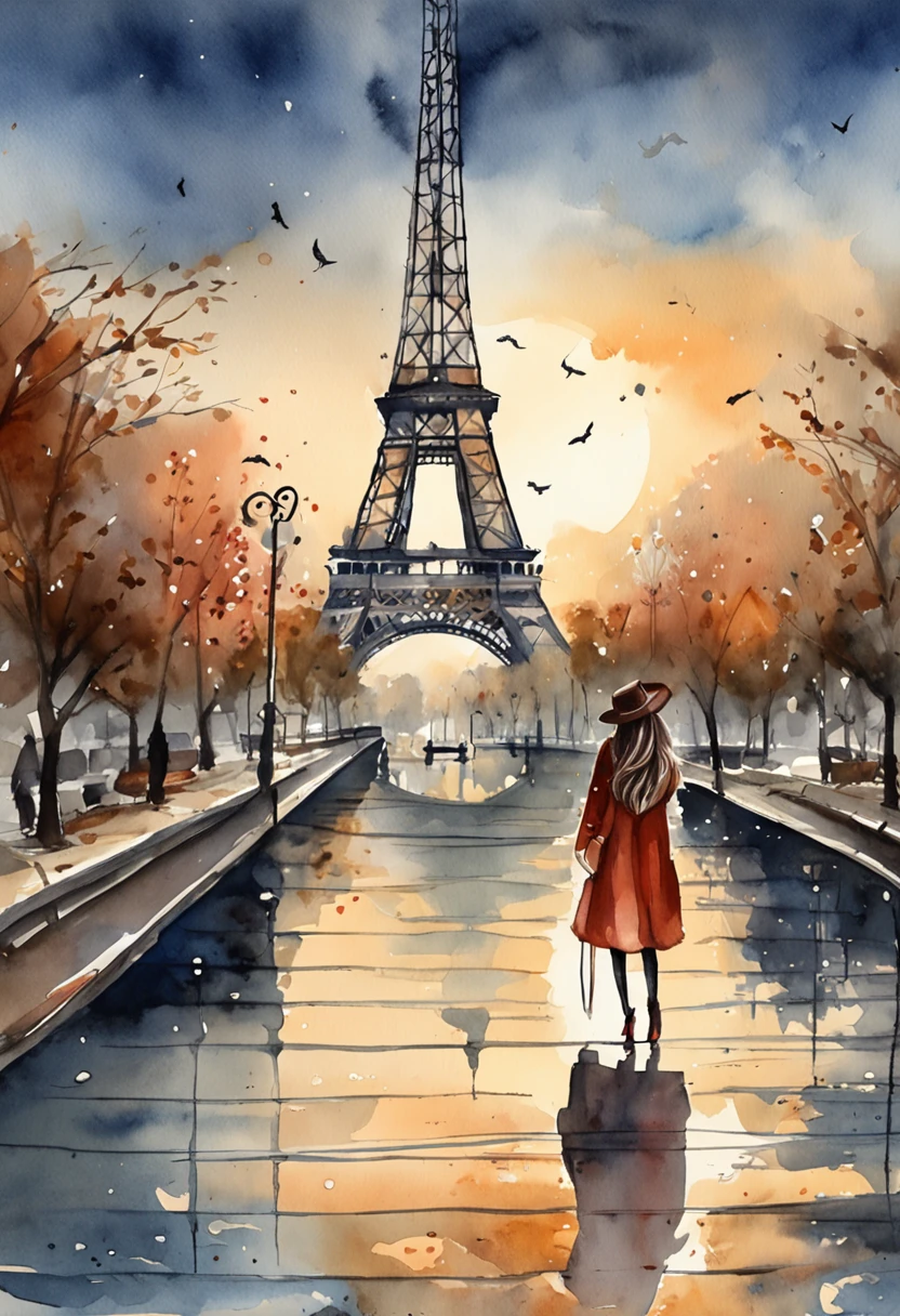 (8K、top-quality、masterpiece:1.2)、 (realisitic、Photorealsitic:1.37)、 ultra-detailliert、DJSODA、 1 girl in、full bodyesbian、Wearing a turtleneck sweater and skinny jeans、Standing in the streets of Paris with the Eiffel Tower in the background、 cute little、 Beautiful detailed sky、night, dark, moon, tiny chest、 beatiful detailed eyes、 (length hair:1.2)、 Floating Hair Novafrog Style、