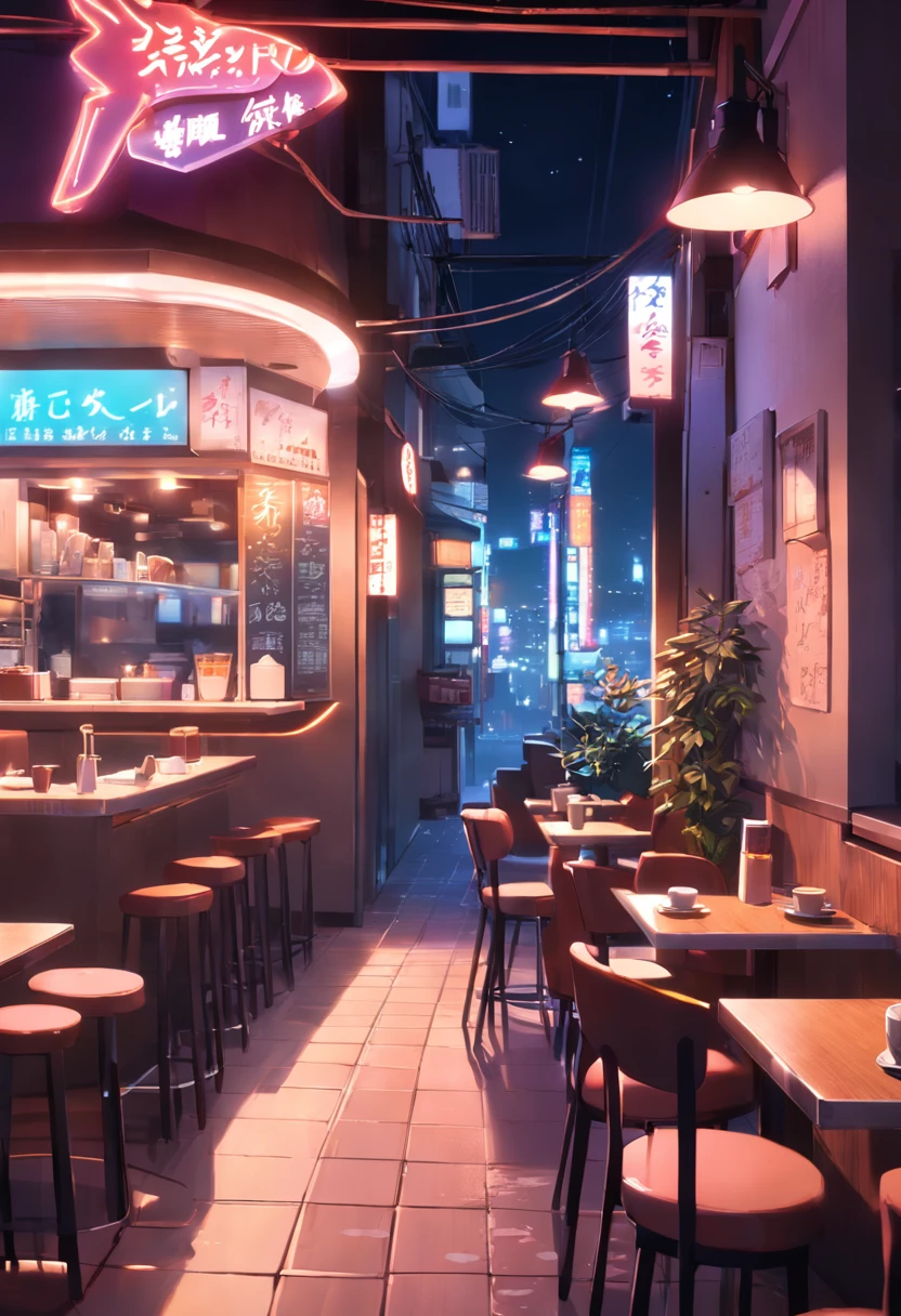 cena noturna de um restaurante com placas de neon e uma placa de neon, arte de fundo do anime, cozy cafe background, coffee shop, tokyo anime scene, coffee shop, Night coffee, Elogio Artstyle, cena de anime, fundo colorido do filme anime, Estilo anime 3D realista, anime aesthetic, em estilo de makoto shinkai, anime scenery concept art, Estilo de Makoto Shinkai