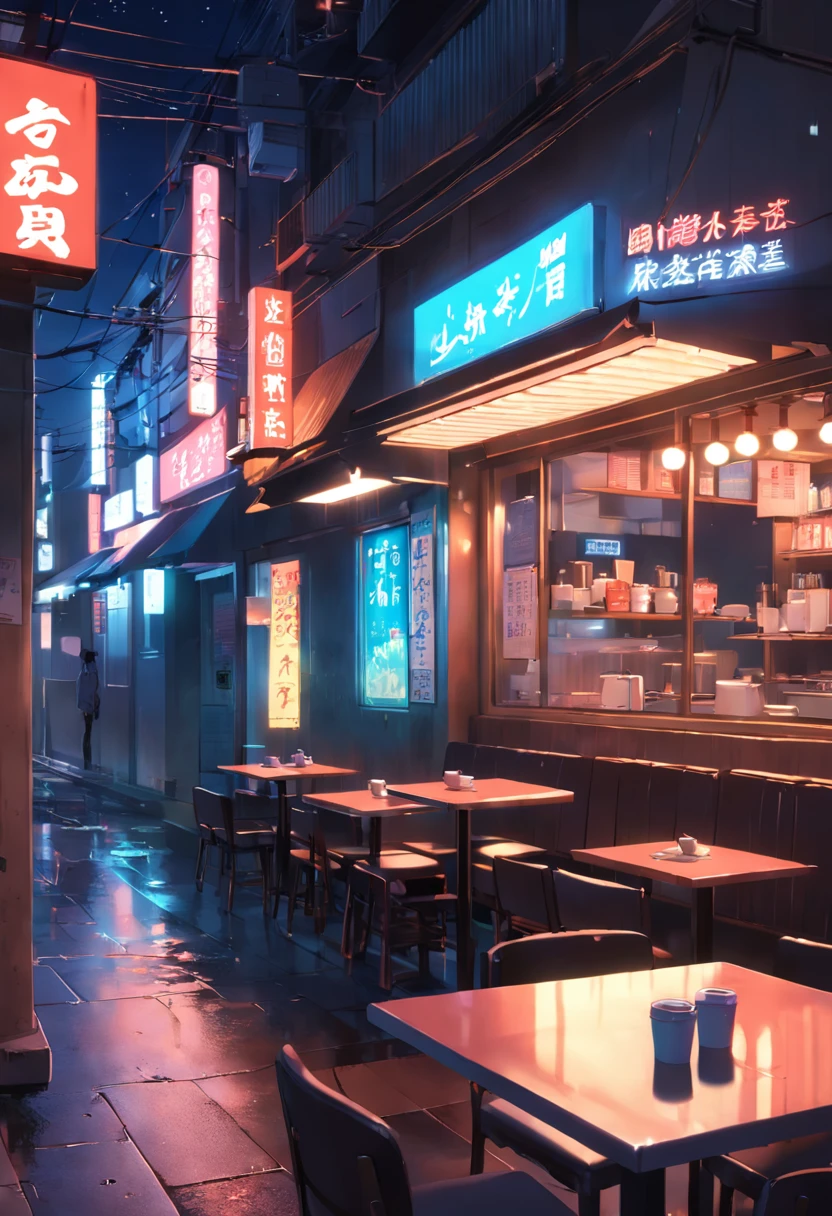 cena noturna de um restaurante com placas de neon e uma placa de neon, arte de fundo do anime, cozy cafe background, coffee shop, tokyo anime scene, coffee shop, Night coffee, Elogio Artstyle, cena de anime, fundo colorido do filme anime, Estilo anime 3D realista, anime aesthetic, em estilo de makoto shinkai, anime scenery concept art, Estilo de Makoto Shinkai