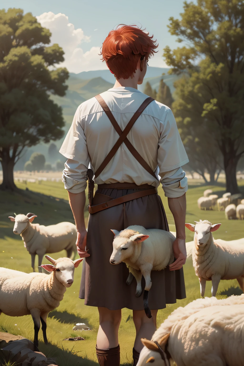 David A SHORT, SKINNY, RED-HAIRED BOY IN THE CLOTHES OF AN OLD TESTAMENT SHEEPHERDER TENDING THE SHEEP IN THE FIELD THE SHEEP ARE RUNNING,David A SHORT, SKINNY RED-HAIRED BOY IN THE CLOTHES OF AN OLD TESTAMENT SHEEPHERDER FROM THE BIBLE
This image captures David FROM THE BIBLE CARING FOR SHEEP , o escolhido de Deus, enquanto cuida de suas ovelhas. He is in a pastoral setting, mostrando seu compromisso e responsabilidade. The soft colors and tranquility of the scene reflect the purity of heart that God values.
