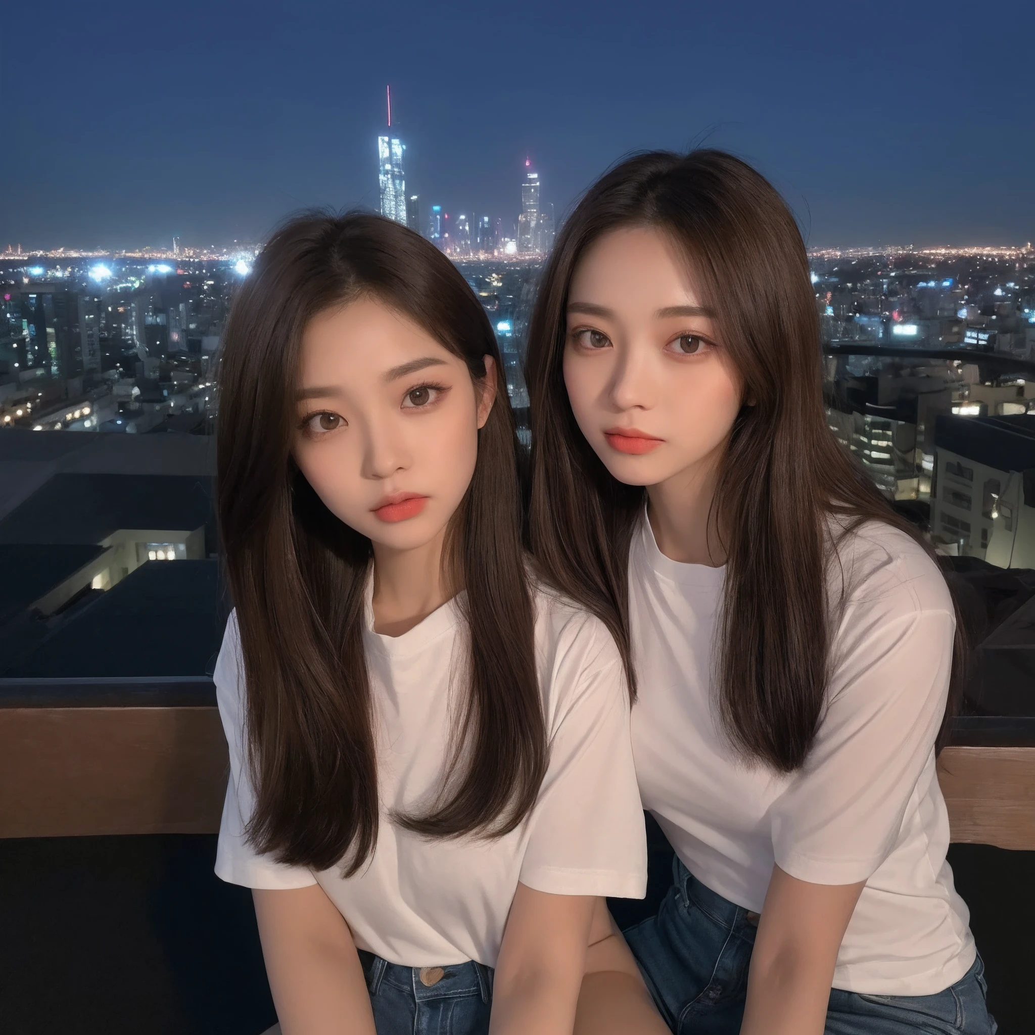 ((Midnight, Best quality, 8k, Masterpiece :1.3)), Whole body, Long legs, Sharp focus :1.2, A pretty woman with perfect figure :1.4, Slender abs :1.1, ((Dark brown hair, Big breasts :1.2)), (White tight tshirt, Jean bib, Standing:1.2), ((Night city view, Rooftop:1.3)), Highly detailed face and skin texture, Detailed eyes, Double eyelid, ceop top shirt, sport short pant, sitting, girls hugging