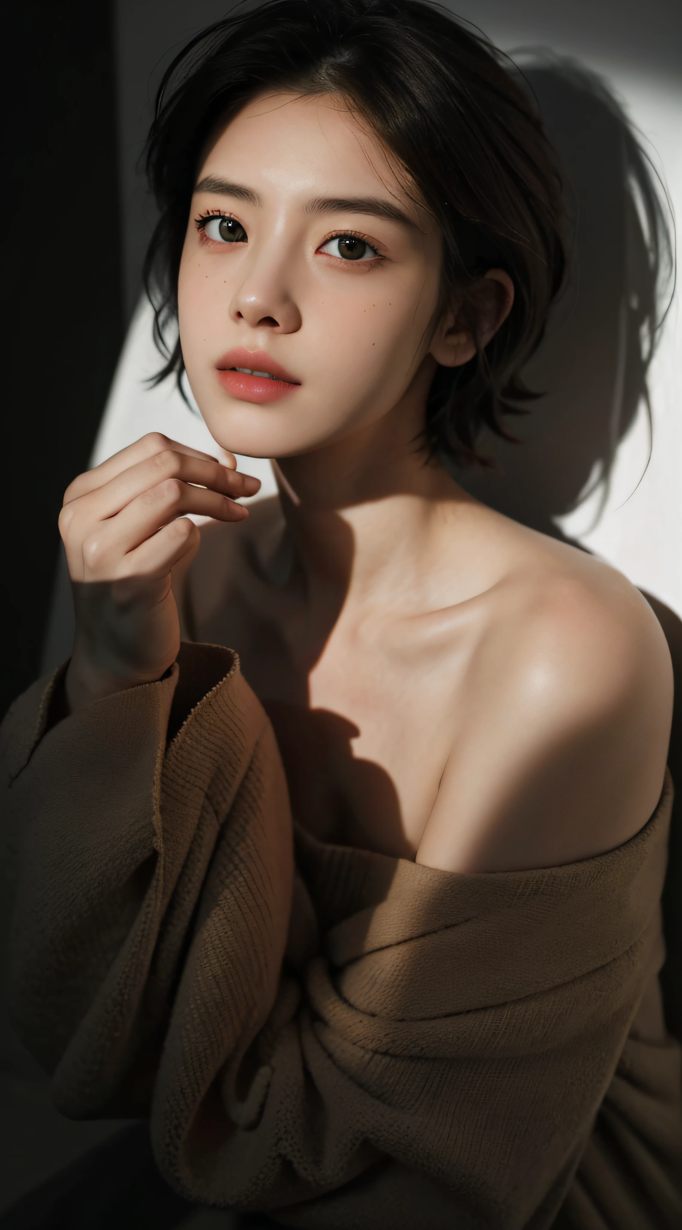 Best quality, masterpiece, ultra high res, (photorealistic:1.5), raw photo, 1girl, offshoulder, in the dark, deep shadow, low key, cold light, sexy look, short hair